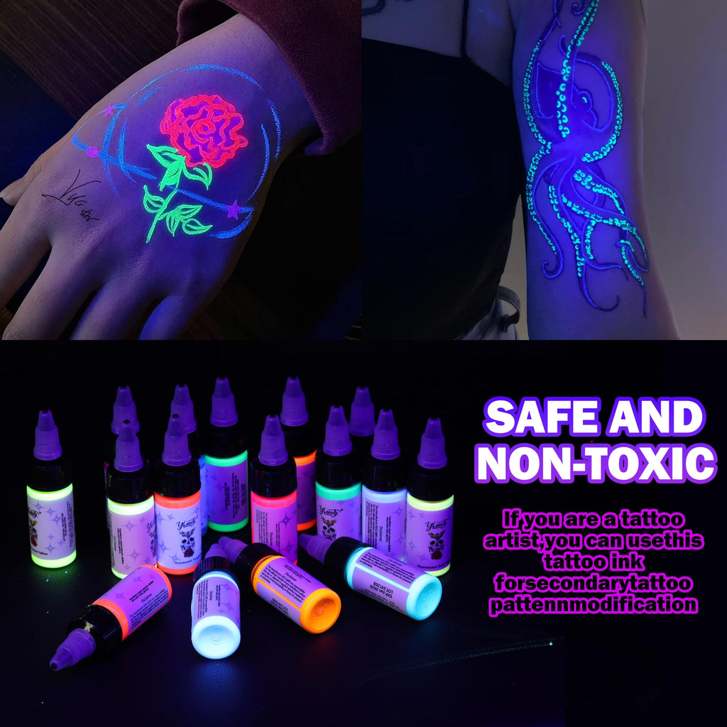 Ybeauty 16 Color Tattoo Ink Set – 16x 15ml Fluorescent UV Glow Inks for Halloween & Cosplay