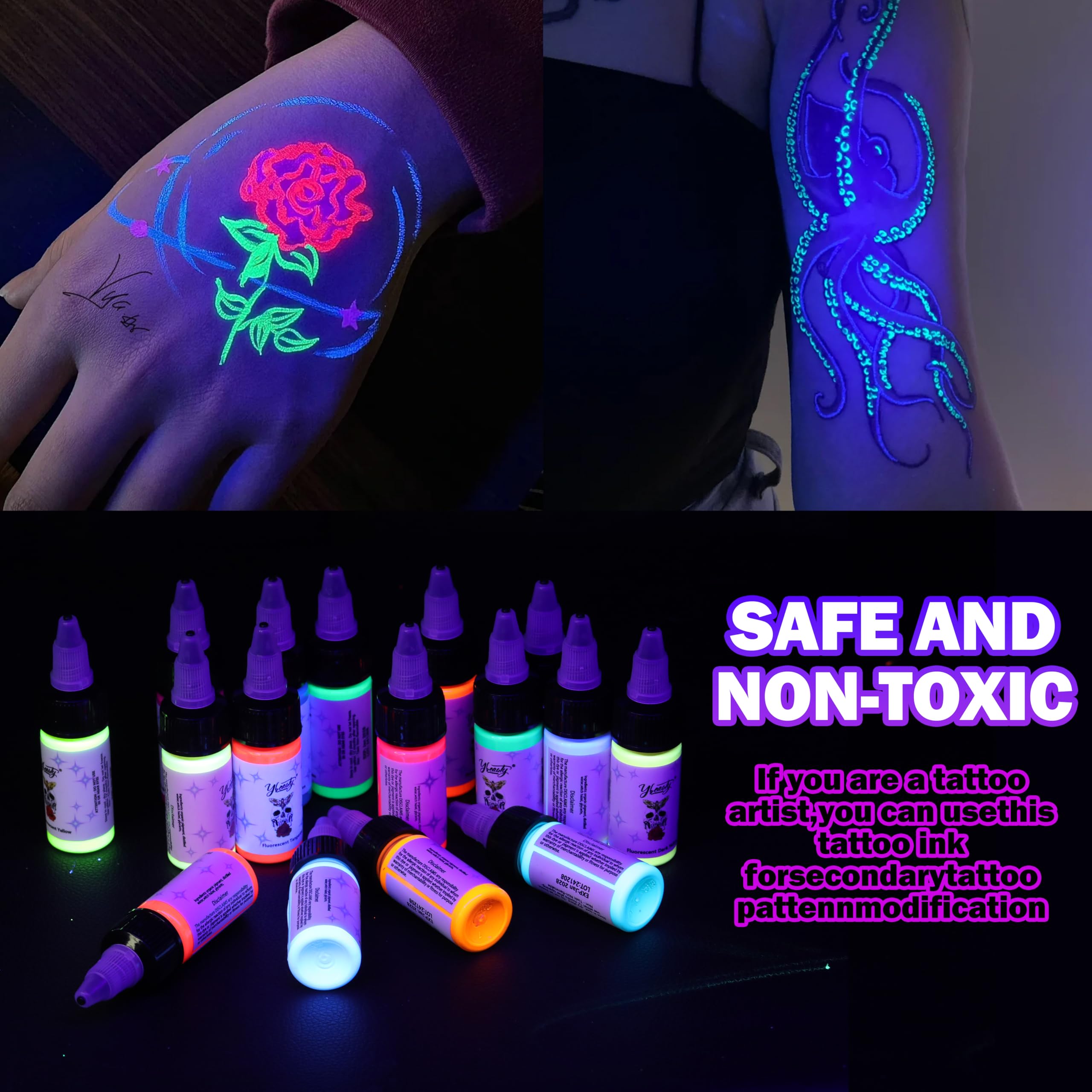 Ybeauty 16 Color Tattoo Ink Set – 16x 15ml Fluorescent UV Glow Inks for Halloween & Cosplay