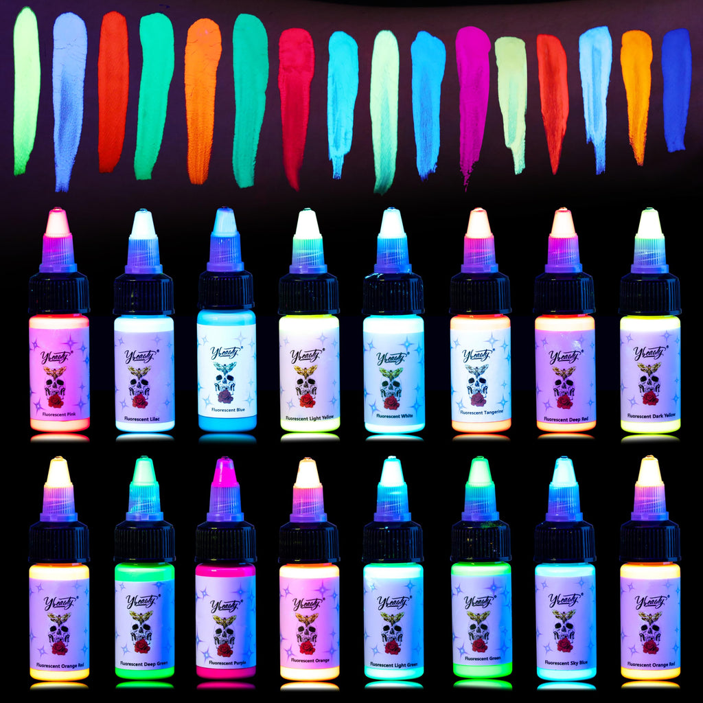 Ybeauty 16 Color Tattoo Ink Set – 16x 15ml Fluorescent UV Glow Inks for Halloween & Cosplay