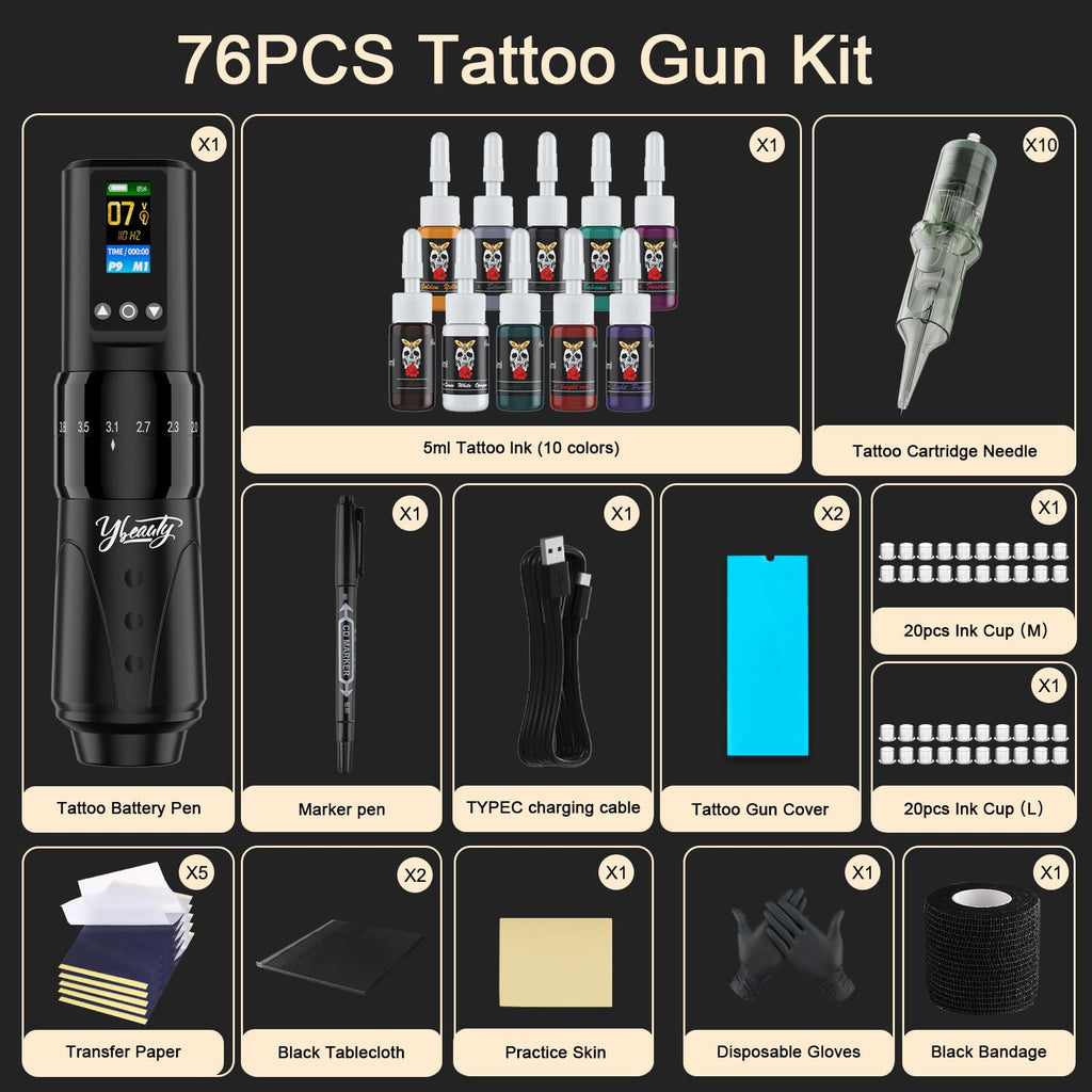 Ybeauty Wireless Tattoo Gun Kit – Professional Rotary Tattoo Machine with 1600 mAh Power Supply, 76‑Piece Starter Set