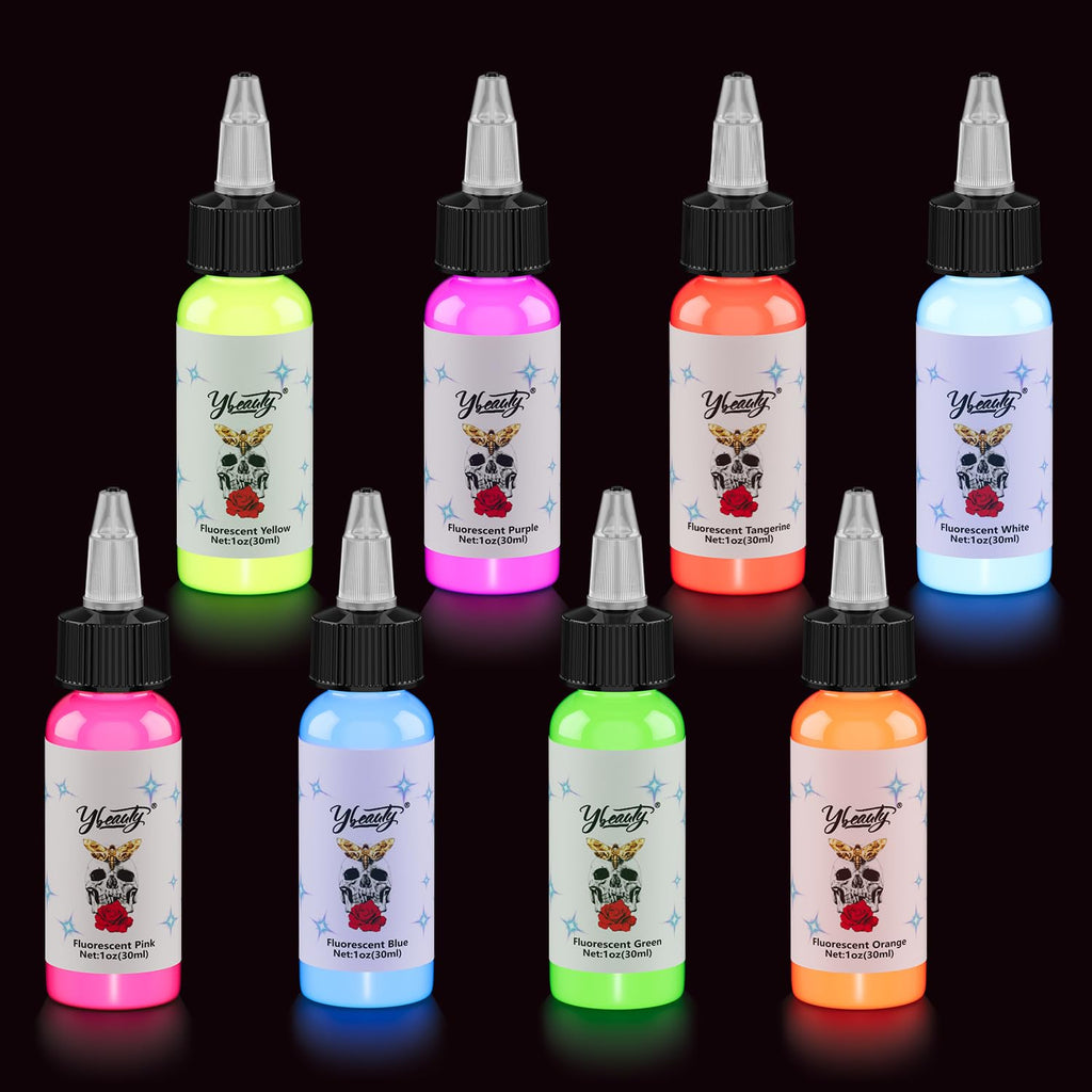 Ybeauty UV Tattoo Ink Set – 8-Color Glow Fluorescent Inks (5ml Each)