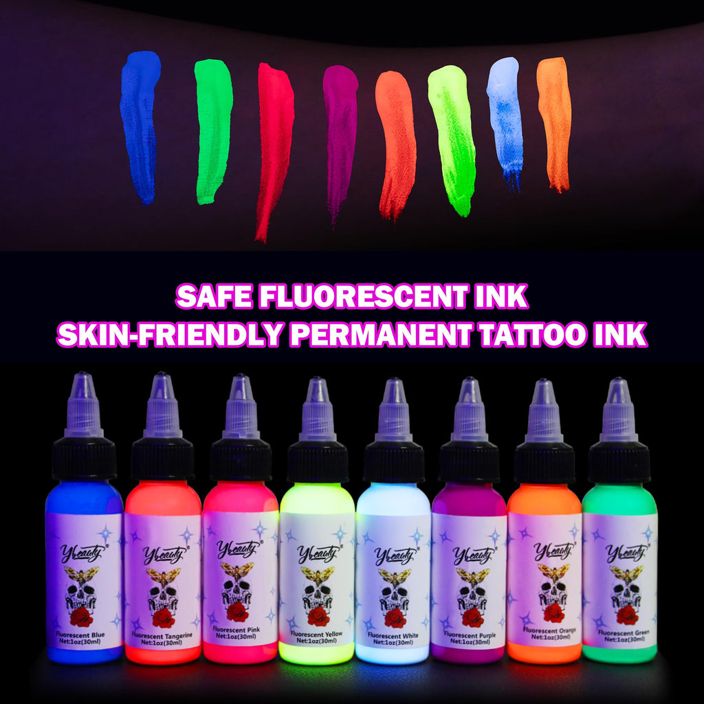 Ybeauty UV Tattoo Ink Set – 8-Color Glow Fluorescent Inks (5ml Each)