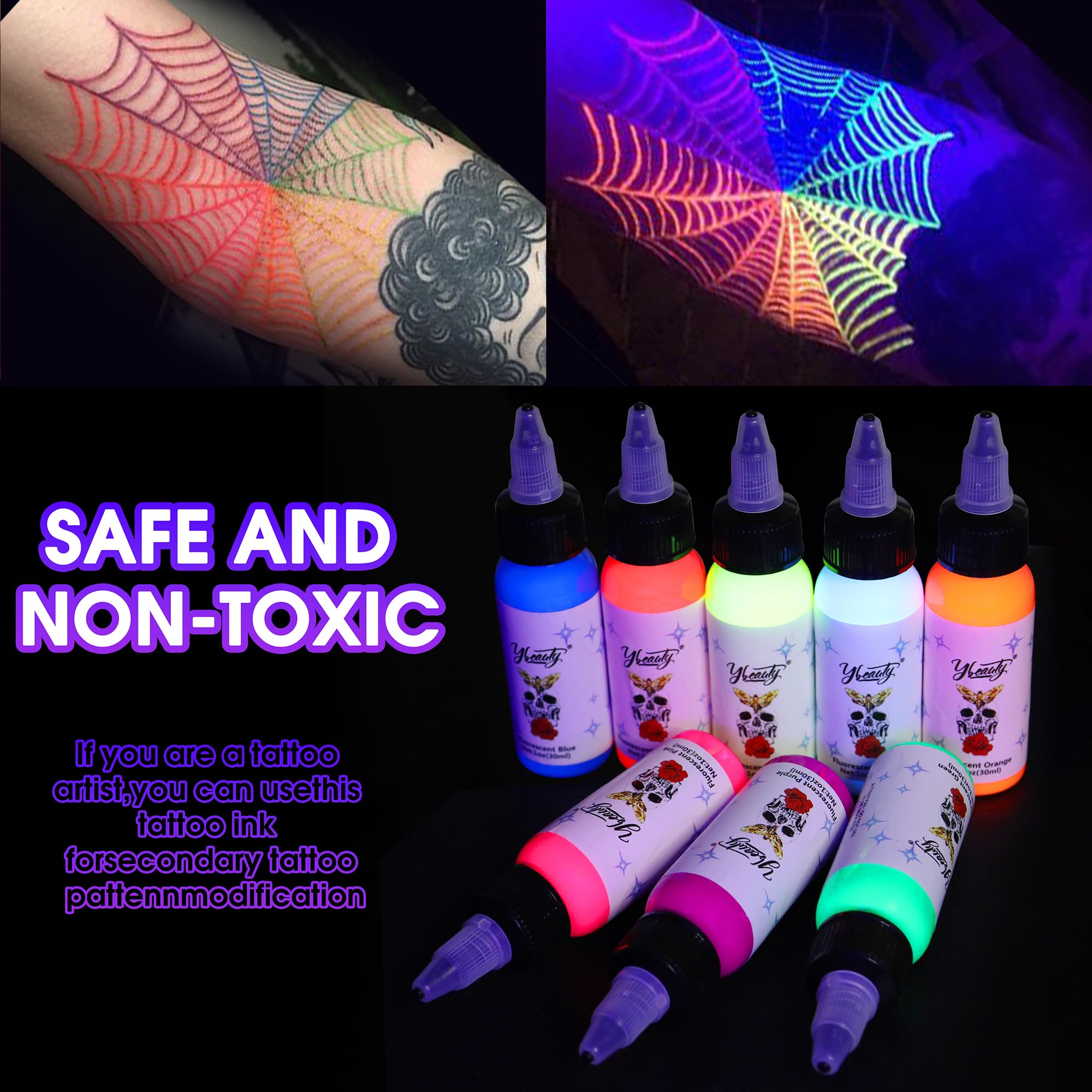 Ybeauty UV Tattoo Ink Set – 8-Color Glow Fluorescent Inks (5ml Each)