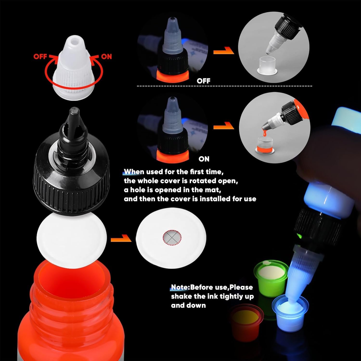Ybeauty UV Tattoo Ink Set – 8-Color Glow Fluorescent Inks (5ml Each)