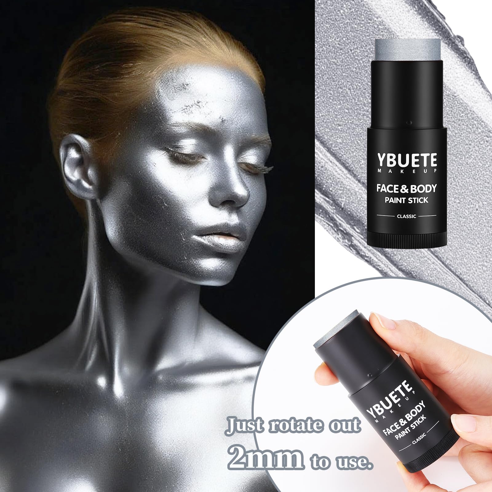 YBUETE Silver Face Body Paint Stick – Professional Full-Coverage SFX Makeup for Halloween & Cosplay