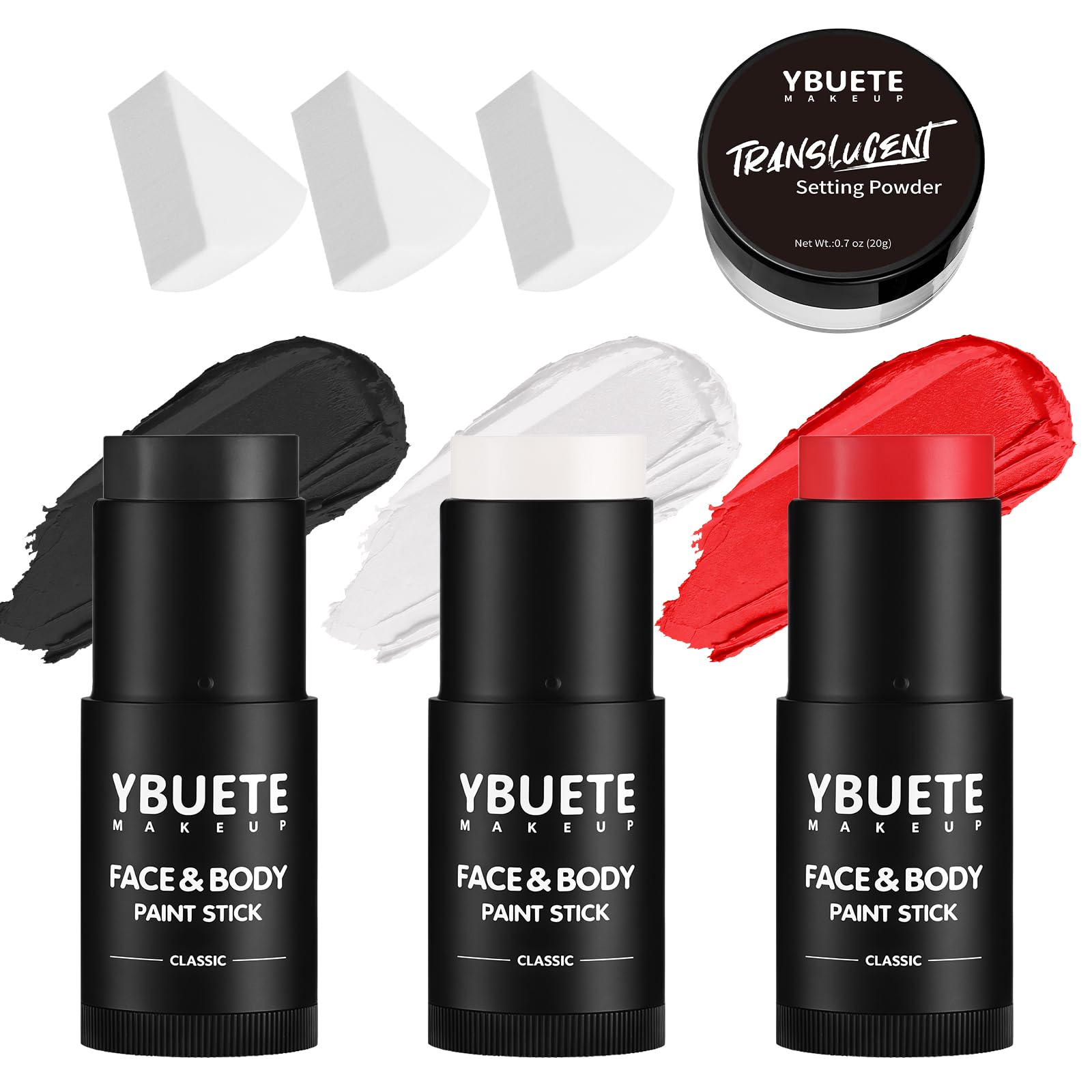 YBUETE Black White Red Face & Body Paint Stick Set with Translucent Setting Powder – SFX Makeup for Halloween & Cosplay