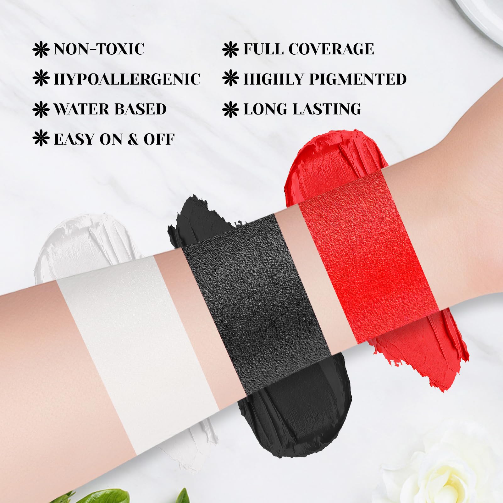 YBUETE Black White Red Face & Body Paint Stick Set with Translucent Setting Powder – SFX Makeup for Halloween & Cosplay