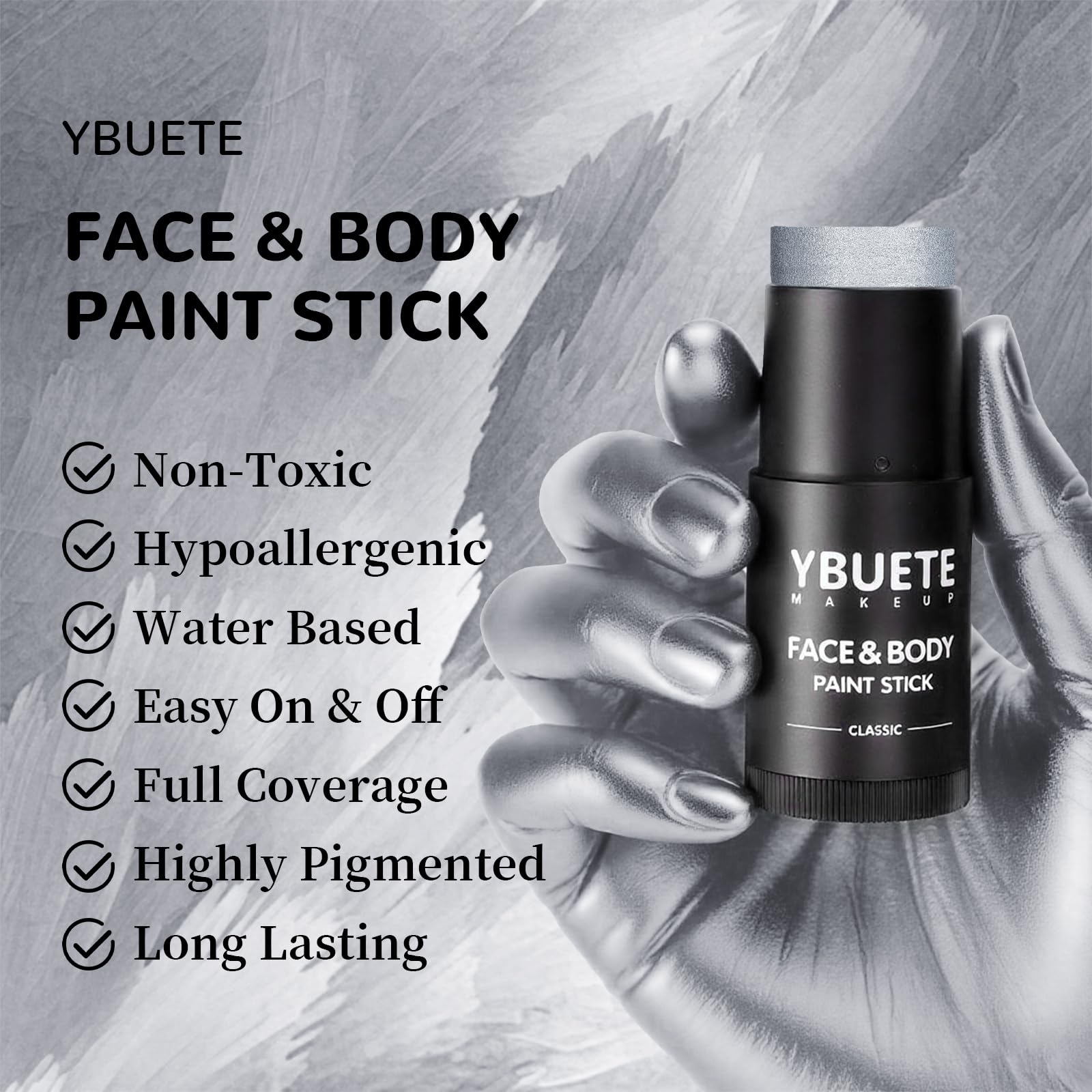 YBUETE Silver Face Body Paint Stick – Professional Full-Coverage SFX Makeup for Halloween & Cosplay