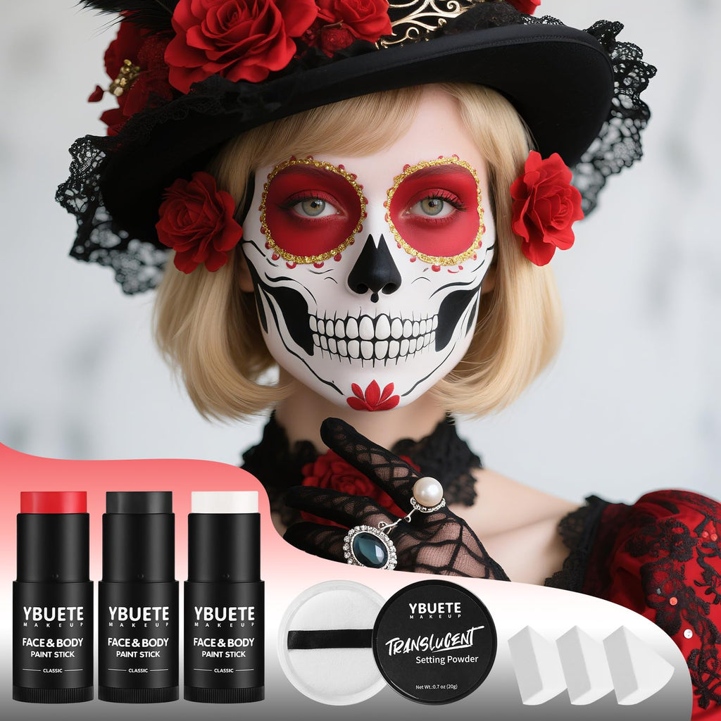 YBUETE Black White Red Face & Body Paint Stick Set with Translucent Setting Powder – SFX Makeup for Halloween & Cosplay