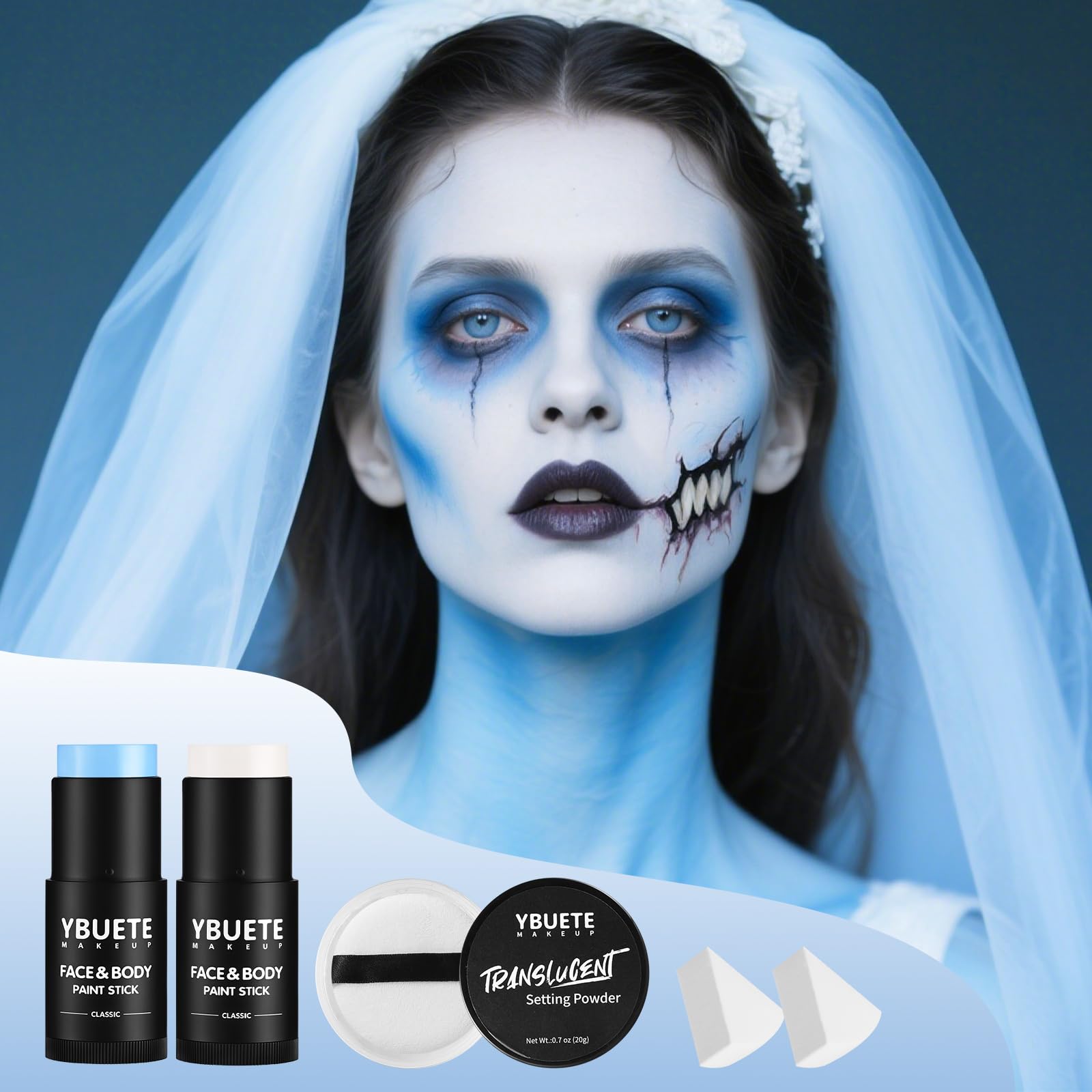 YBUETE White Light Blue Face & Body Paint Sticks – High Pigment SFX Kit