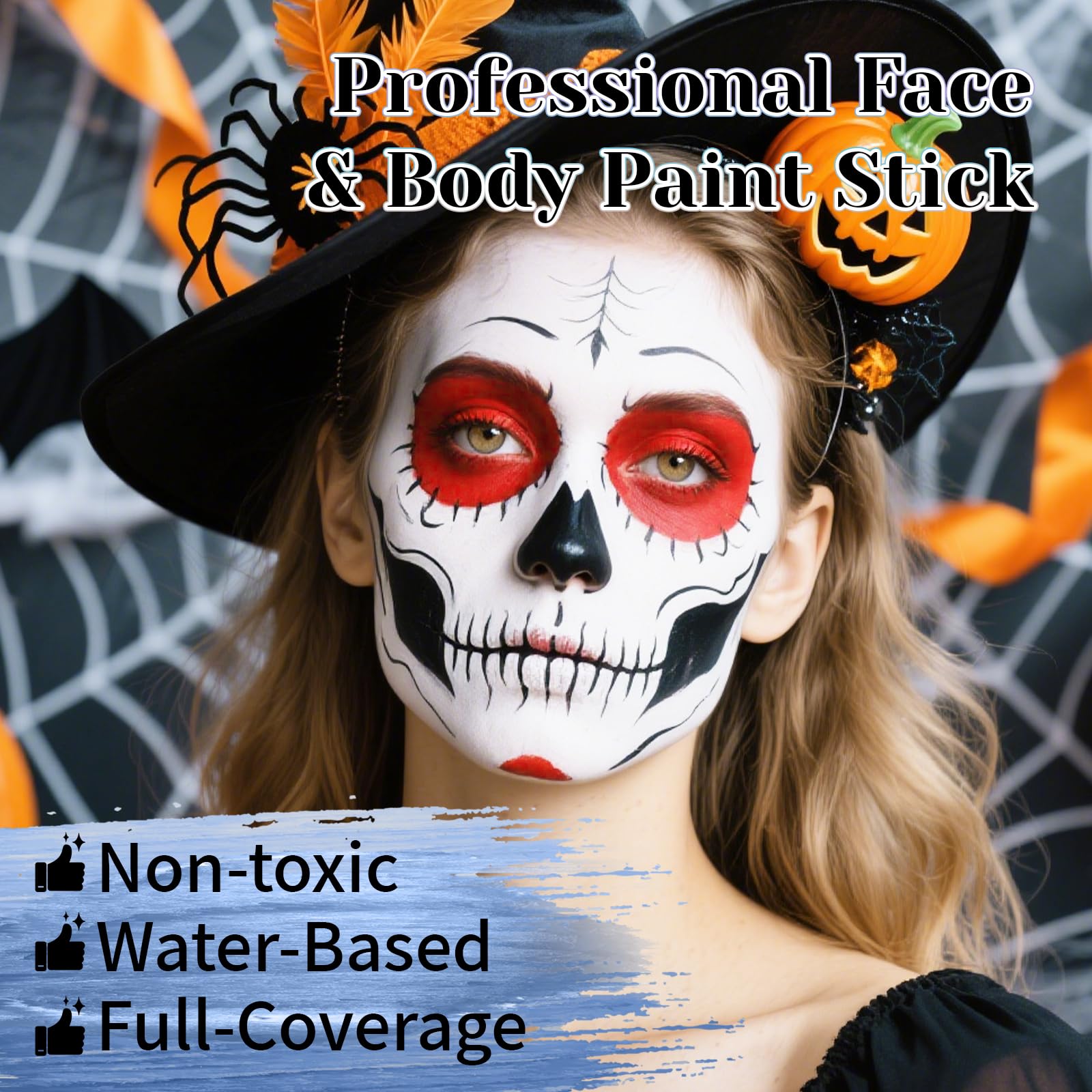 YBUETE Black White Red Face & Body Paint Stick Set with Translucent Setting Powder – SFX Makeup for Halloween & Cosplay