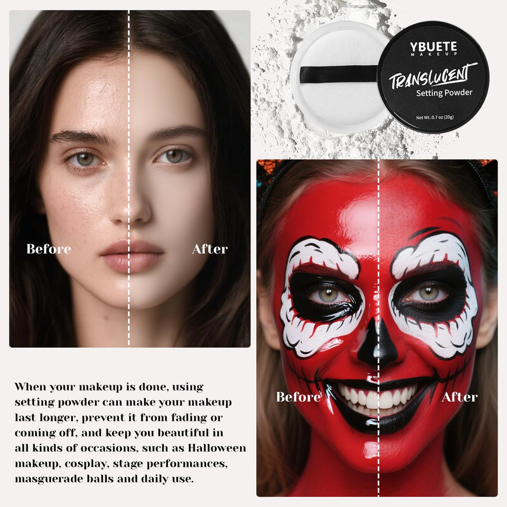 YBUETE Black White Red Face & Body Paint Stick Set with Translucent Setting Powder – SFX Makeup for Halloween & Cosplay
