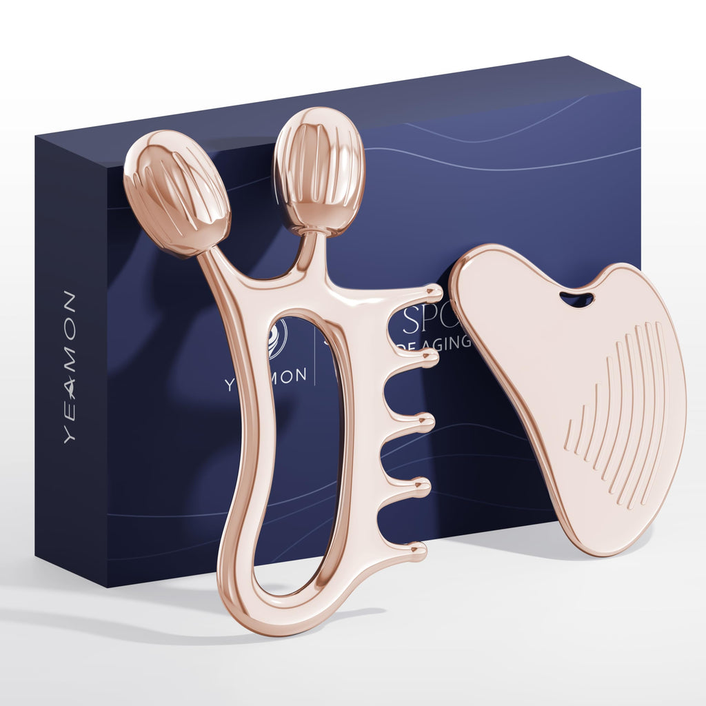 Yeamon 3-in-1 Gua Sha Set – Rose Gold Roller & Comb for Facial Contouring
