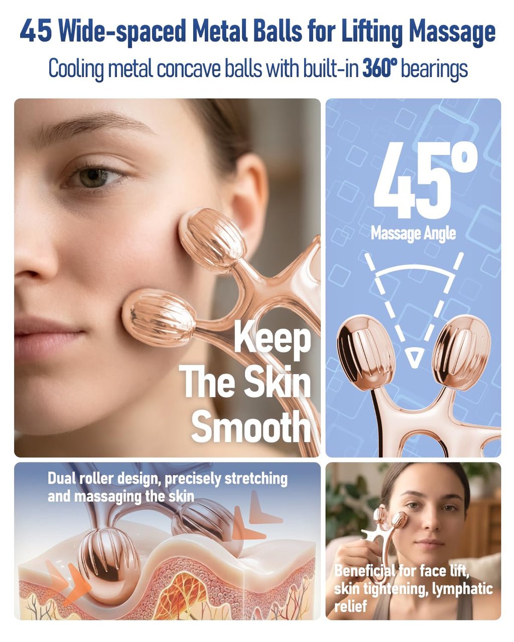 Yeamon 3-in-1 Gua Sha Set – Rose Gold Roller & Comb for Facial Contouring