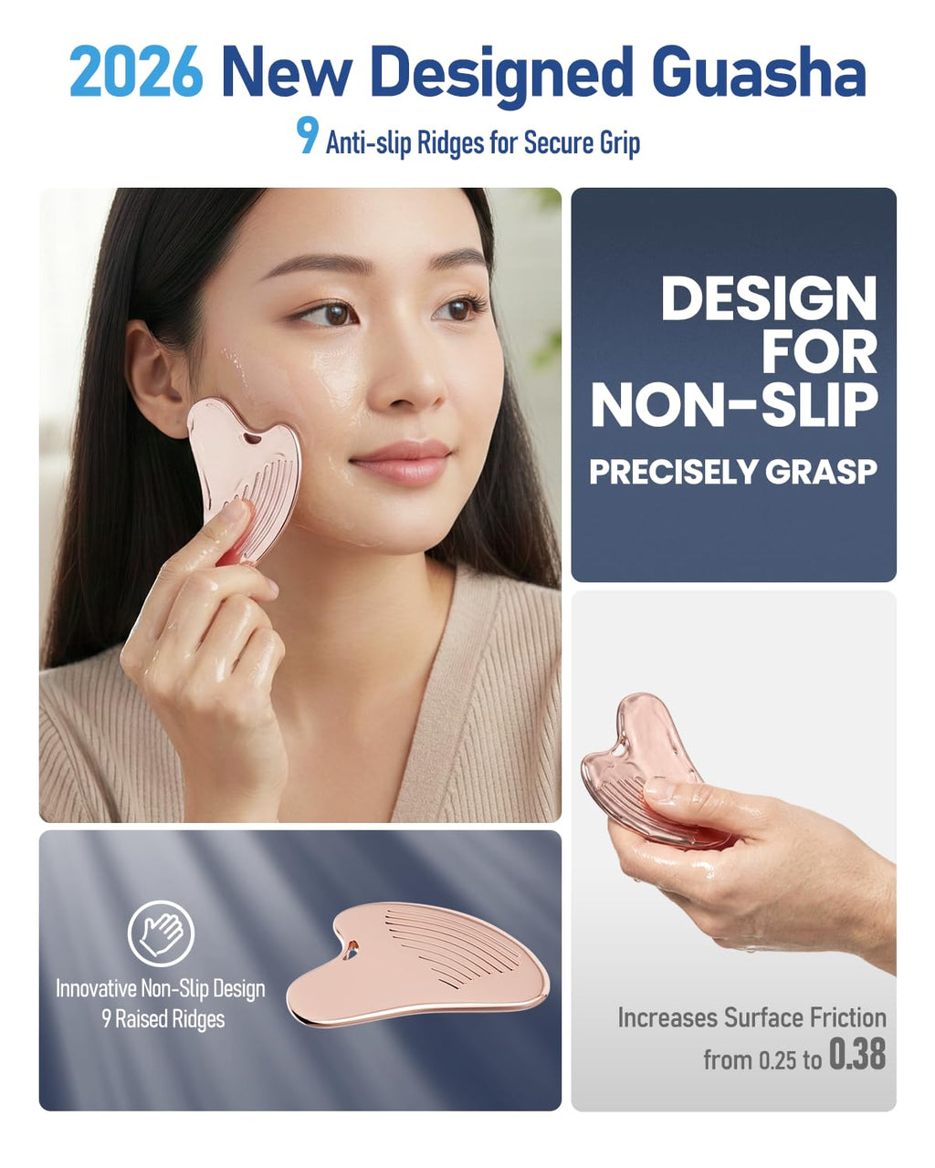 Yeamon 3-in-1 Gua Sha Set – Rose Gold Roller & Comb for Facial Contouring