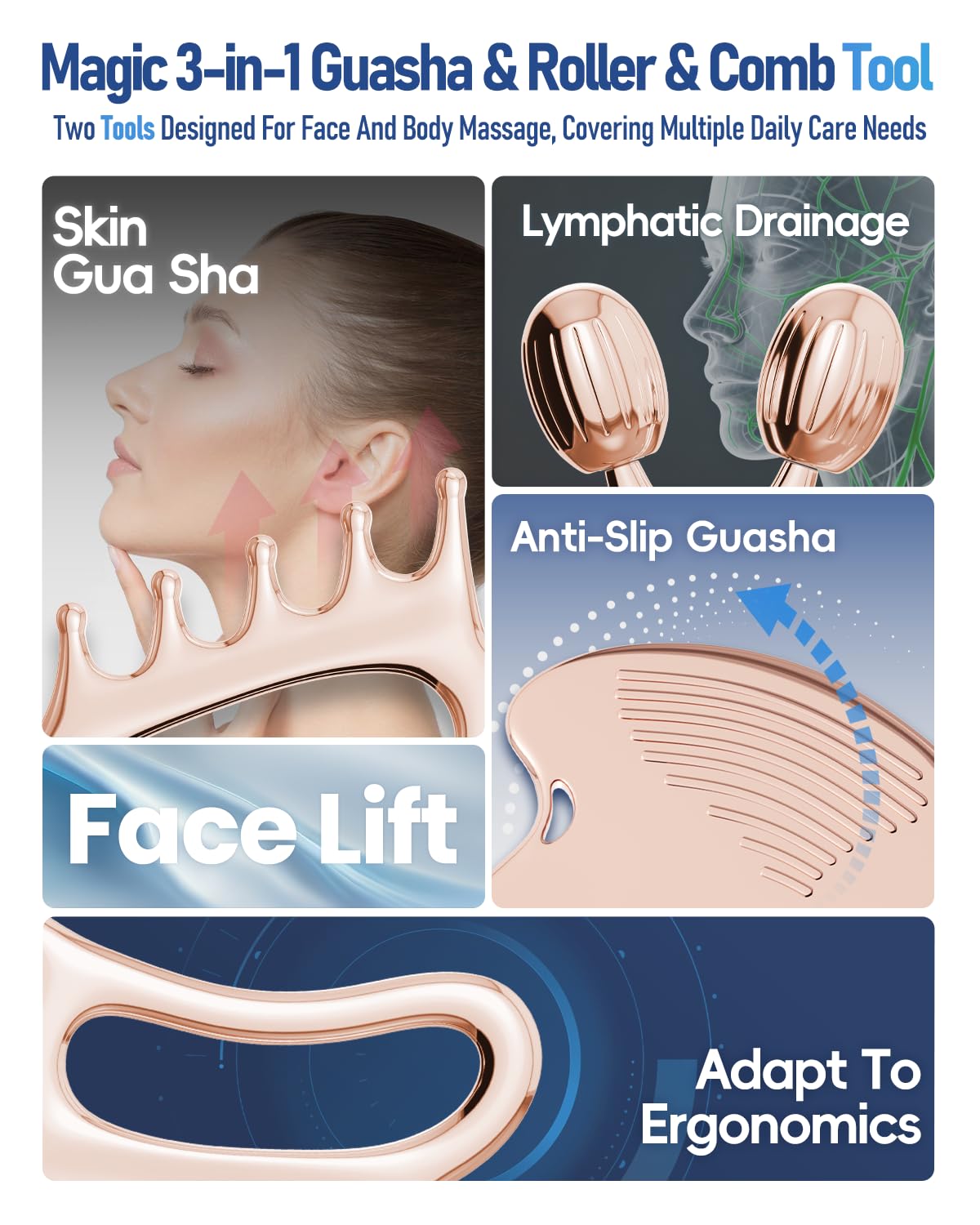 Yeamon 3-in-1 Gua Sha Set – Rose Gold Roller & Comb for Facial Contouring