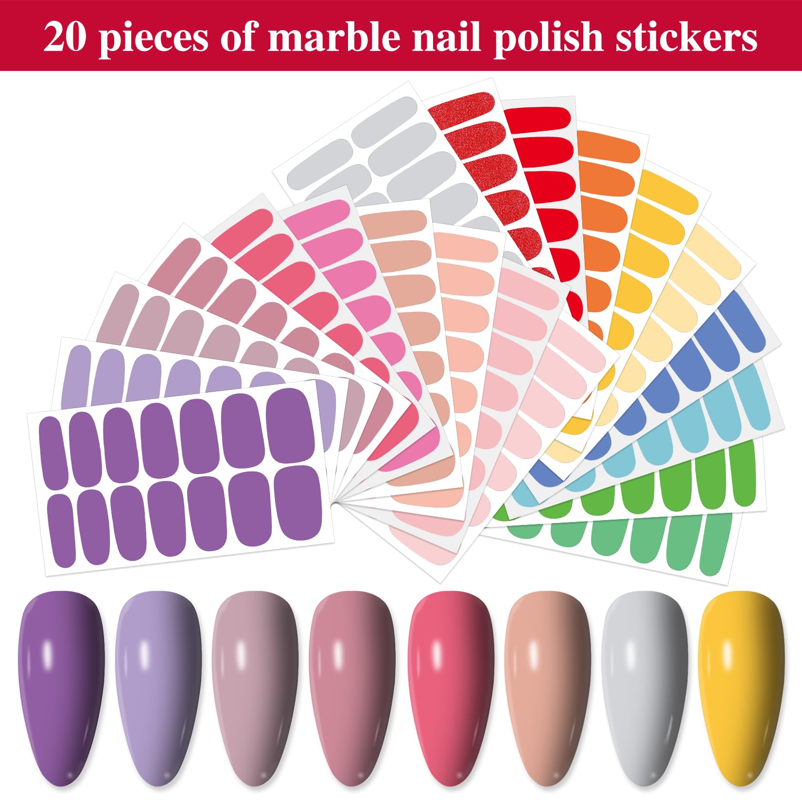 YECIRALA 20 Sheets Bright Color Nail Wraps – 280pc Full Nail Sticker Set