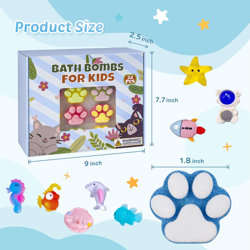 Yekery Kids Bath Bombs – 32 Surprises Inside Paw Shapes with Toys