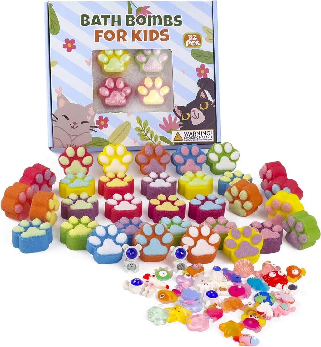 Yekery Kids Bath Bombs – 32 Surprises Inside Paw Shapes with Toys