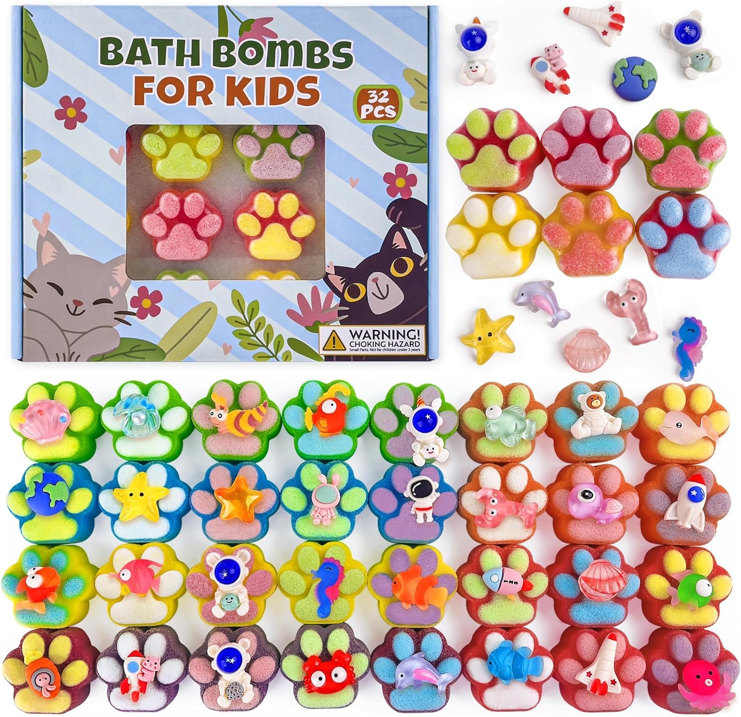 Yekery Kids Bath Bombs – 32 Surprises Inside Paw Shapes with Toys