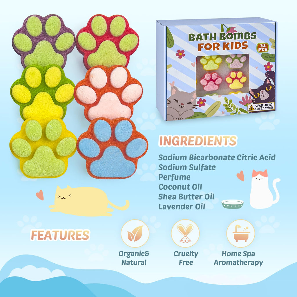 Yekery Kids Bath Bombs – 32 Surprises Inside Paw Shapes with Toys