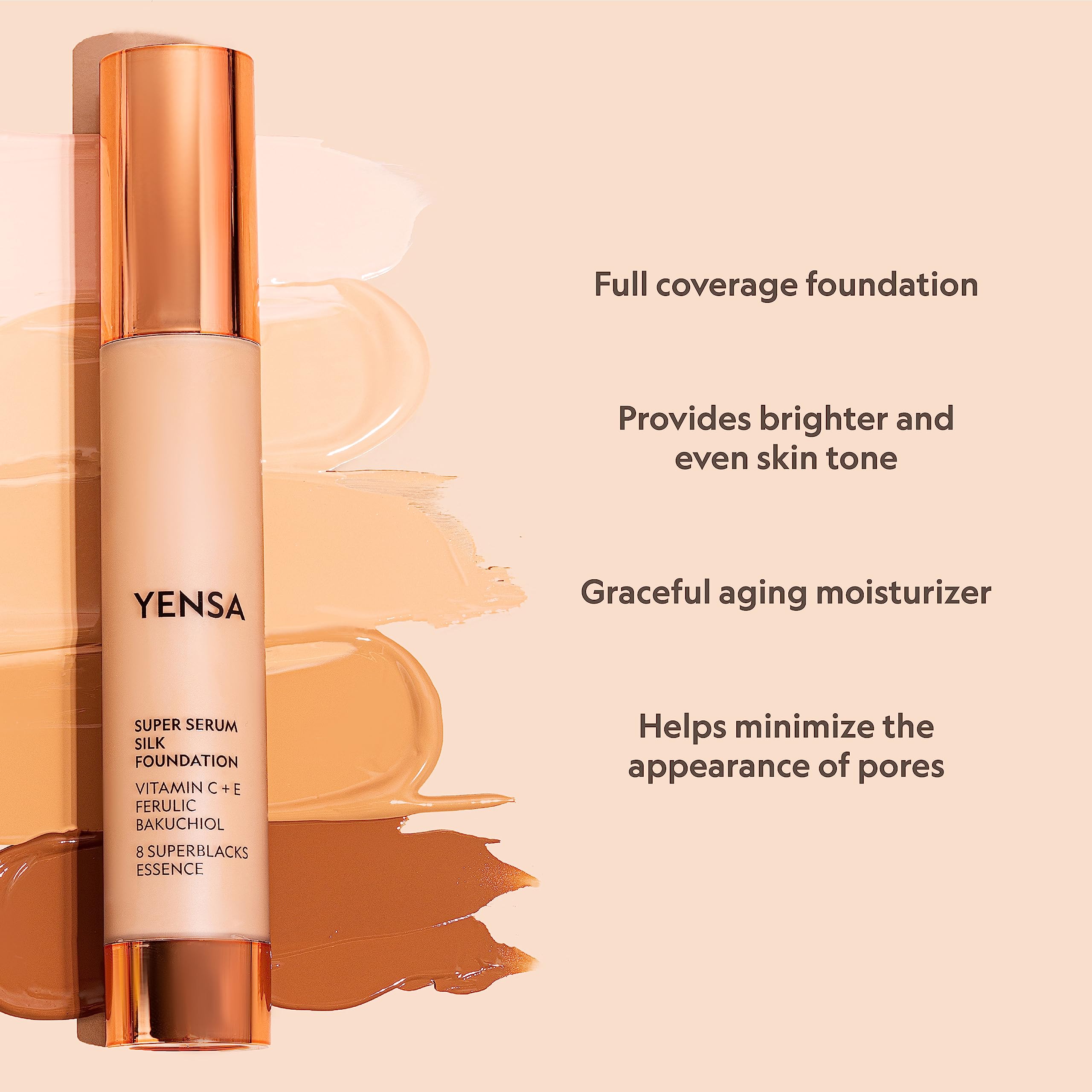 YENSA Serum Foundation Makeup - Super Silk Full Coverage with Peptides, Vitamin C & Ferulic Acid | Tan 1 (1 oz)
