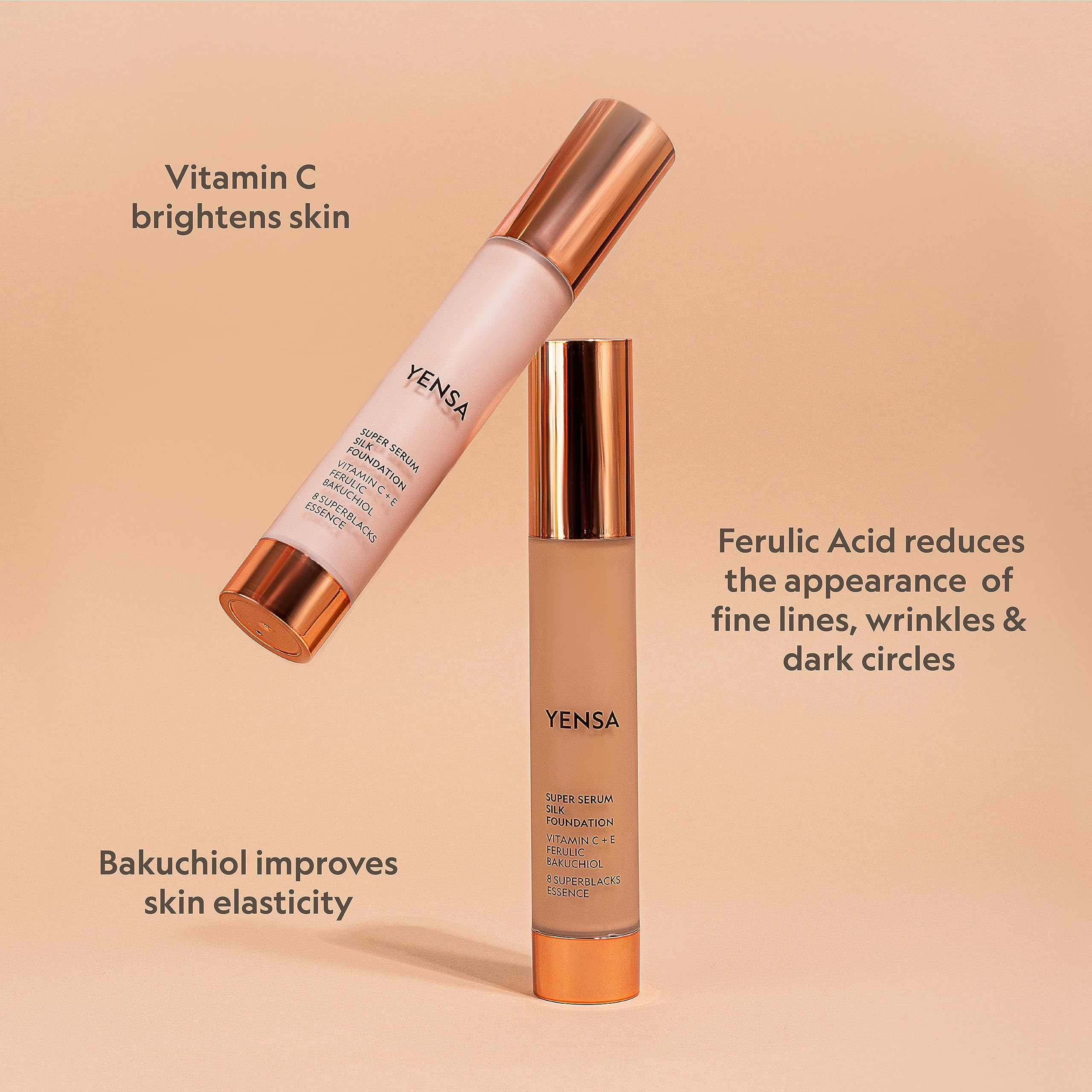YENSA Serum Foundation Makeup - Super Silk Full Coverage with Peptides, Vitamin C & Ferulic Acid | Tan 1 (1 oz)