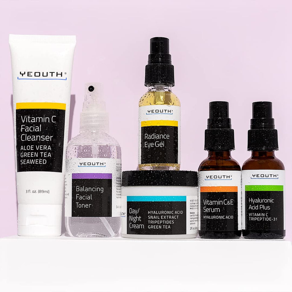 YEOUTH 6-Piece Skincare Kit: Vitamin C Cleanser, Toner, Serums, Eye Gel & Cream for Women & Men