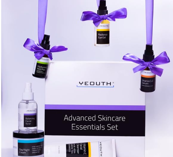 YEOUTH 6-Piece Skincare Kit: Vitamin C Cleanser, Toner, Serums, Eye Gel & Cream for Women & Men