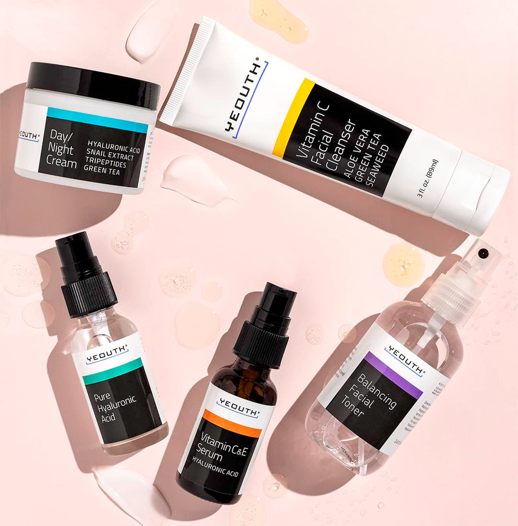 YEOUTH Skin Care Set — Hyaluronic Acid Serum, Vitamin C Serum, Cleanser, Toner & Cream | 5-Piece Gift Set
