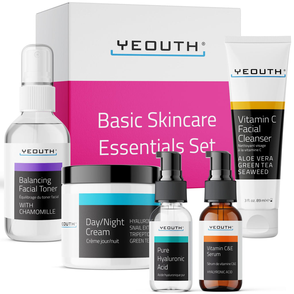 YEOUTH Skin Care Set — Hyaluronic Acid Serum, Vitamin C Serum, Cleanser, Toner & Cream | 5-Piece Gift Set