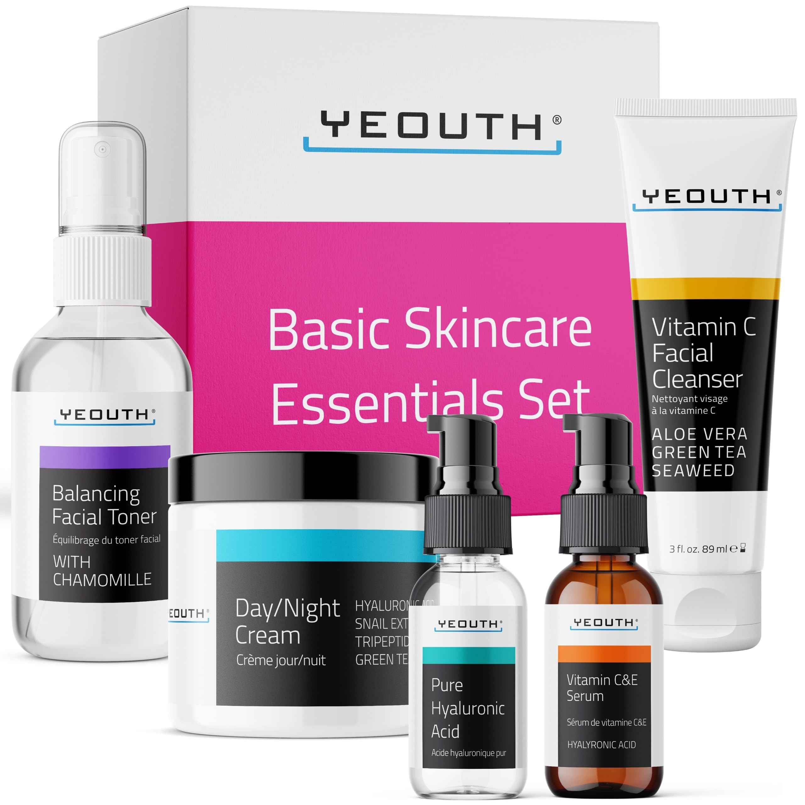 YEOUTH Skin Care Set — Hyaluronic Acid Serum, Vitamin C Serum, Cleanser, Toner & Cream | 5-Piece Gift Set