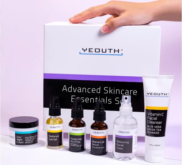 YEOUTH 6-Piece Skincare Kit: Vitamin C Cleanser, Toner, Serums, Eye Gel & Cream for Women & Men