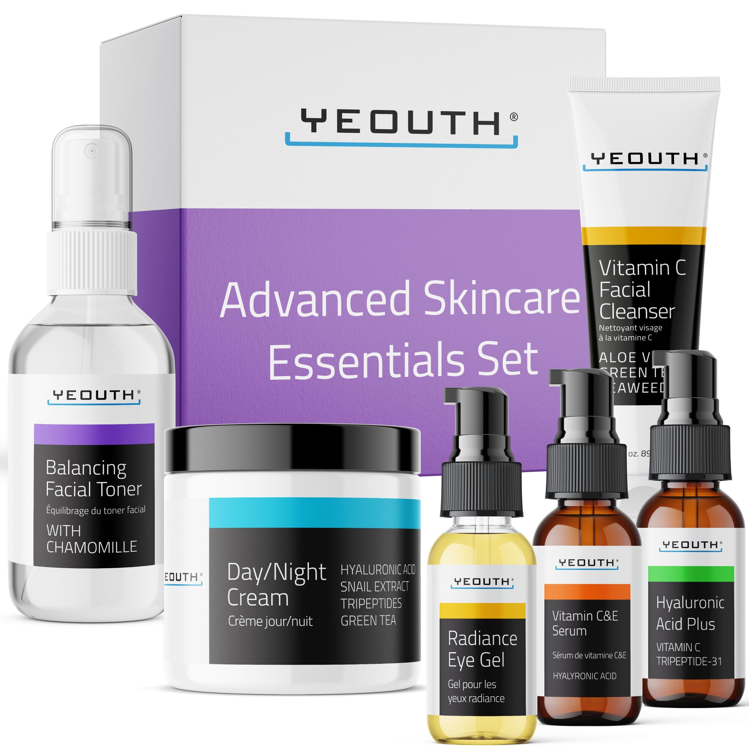 YEOUTH 6-Piece Skincare Kit: Vitamin C Cleanser, Toner, Serums, Eye Gel & Cream for Women & Men