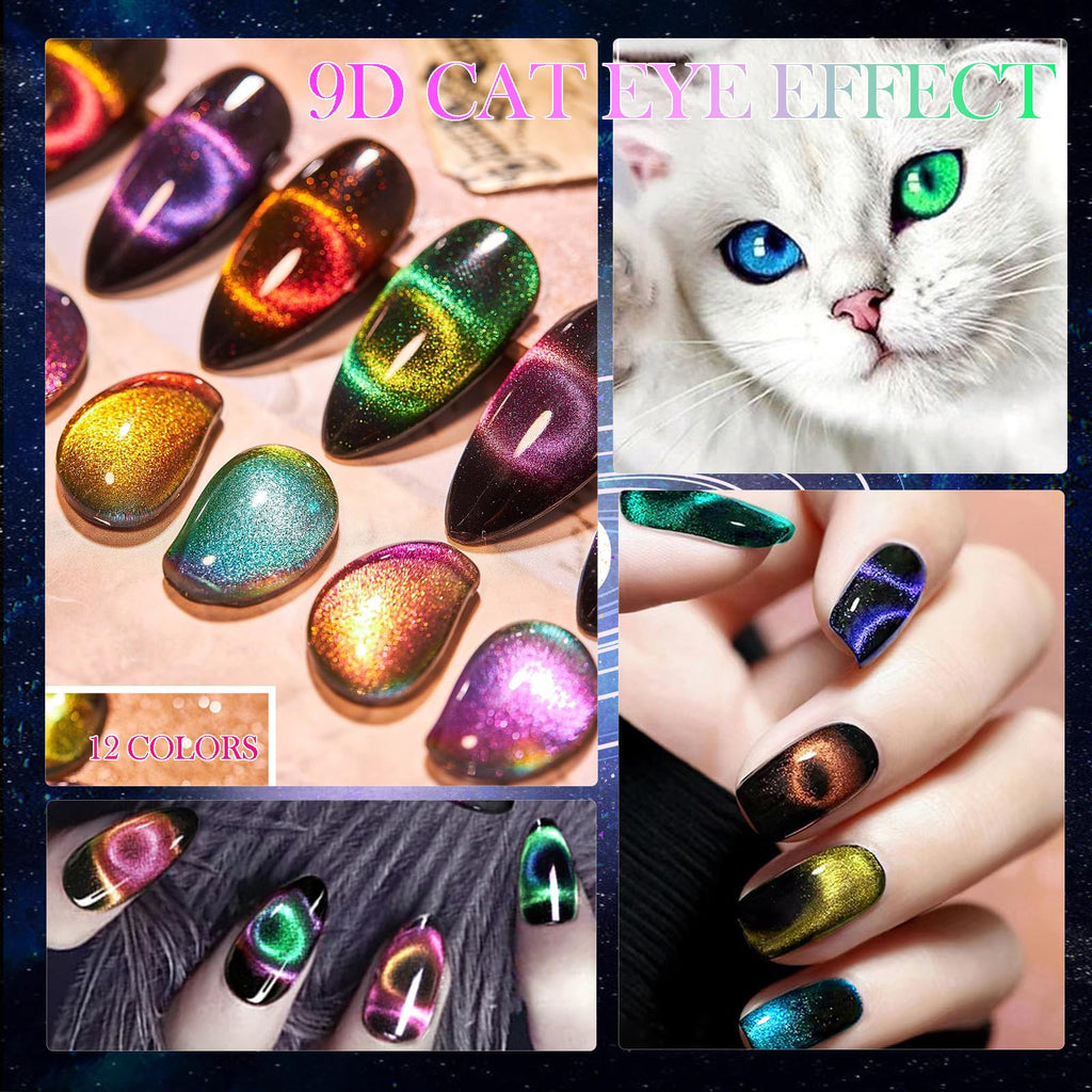 YEPYEPGO 9D Cat Eye Gel Nail Polish Set – 12 Colors with Magnet for Galaxy/Chameleon Effects