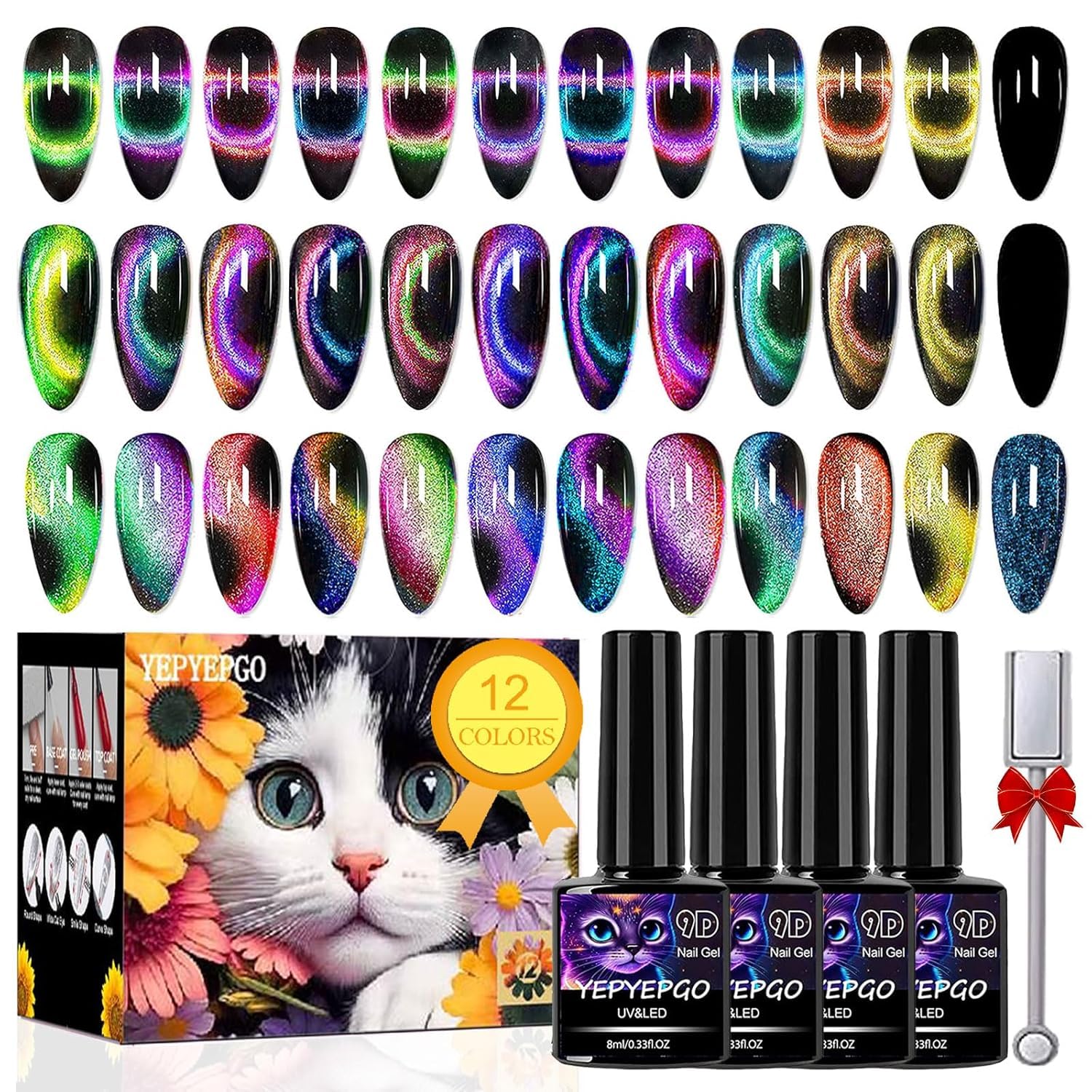 YEPYEPGO 9D Cat Eye Gel Nail Polish Set – 12 Colors with Magnet for Galaxy/Chameleon Effects