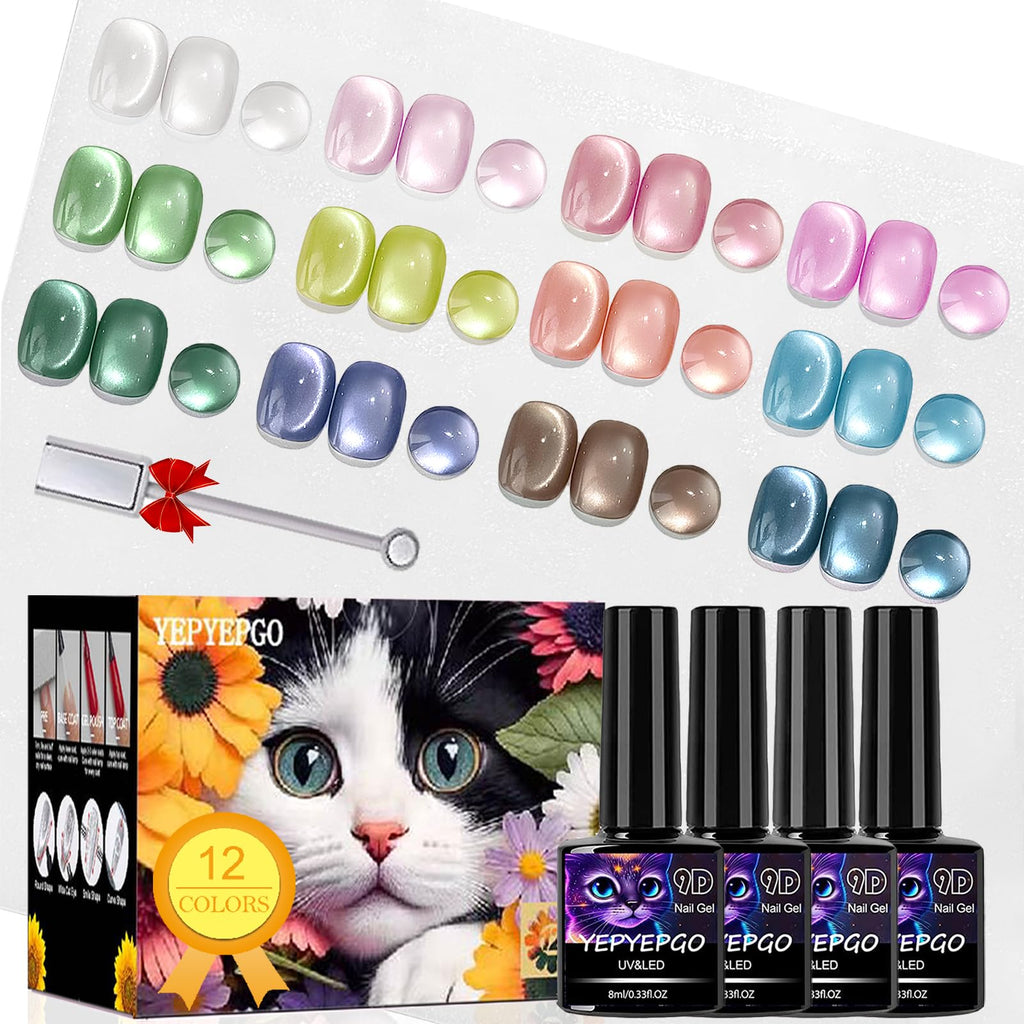 YEPYEPGO Glass Cat Eye Gel Nail Polish Set – 12 Colors with Magnetic Stick for Cat Eye Effects