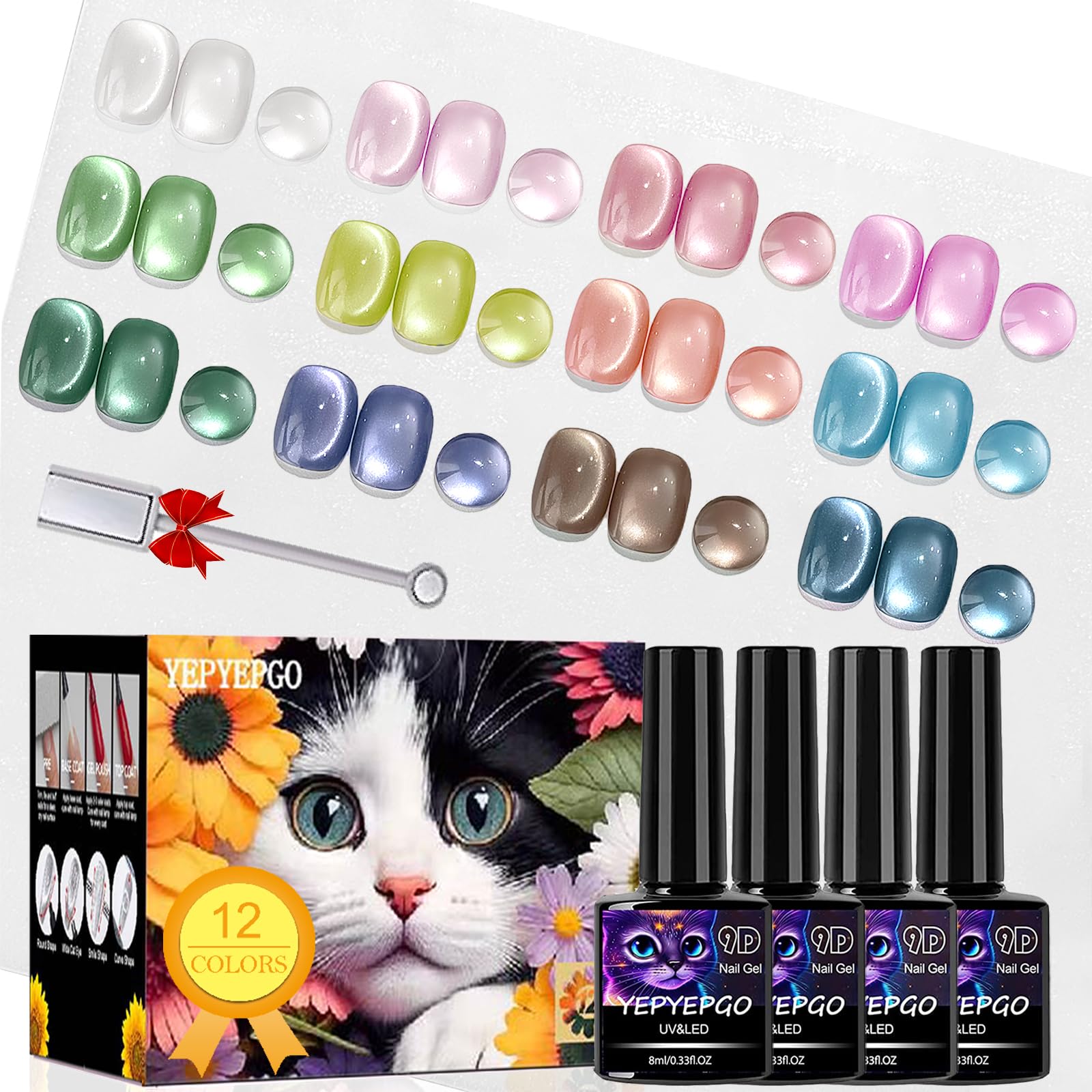 YEPYEPGO Glass Cat Eye Gel Nail Polish Set – 12 Colors with Magnetic Stick for Cat Eye Effects