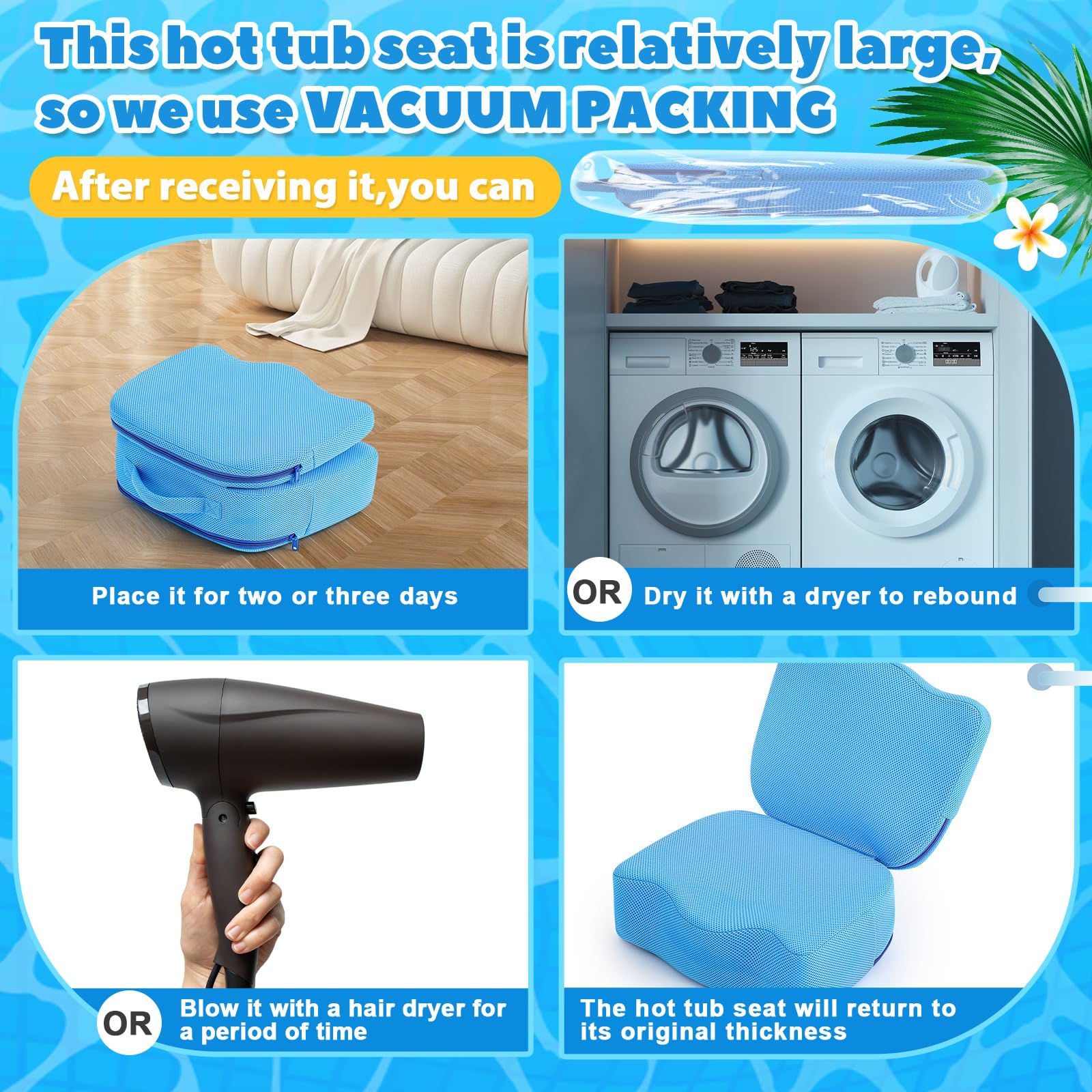 Yerliker 4 Pcs Foldable Hot Tub Booster Seat – Adjustable 2 Heights, Back Support, Washable (Blue)