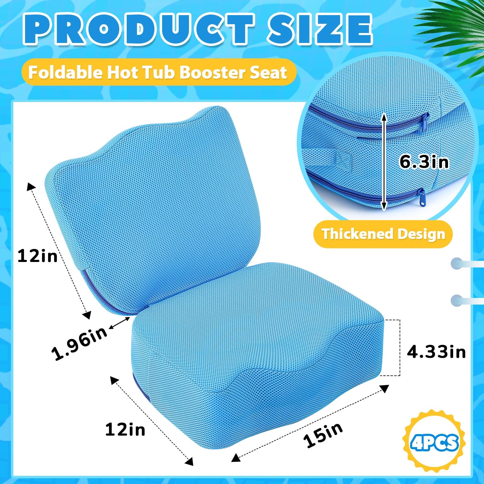 Yerliker 4 Pcs Foldable Hot Tub Booster Seat – Adjustable 2 Heights, Back Support, Washable (Blue)