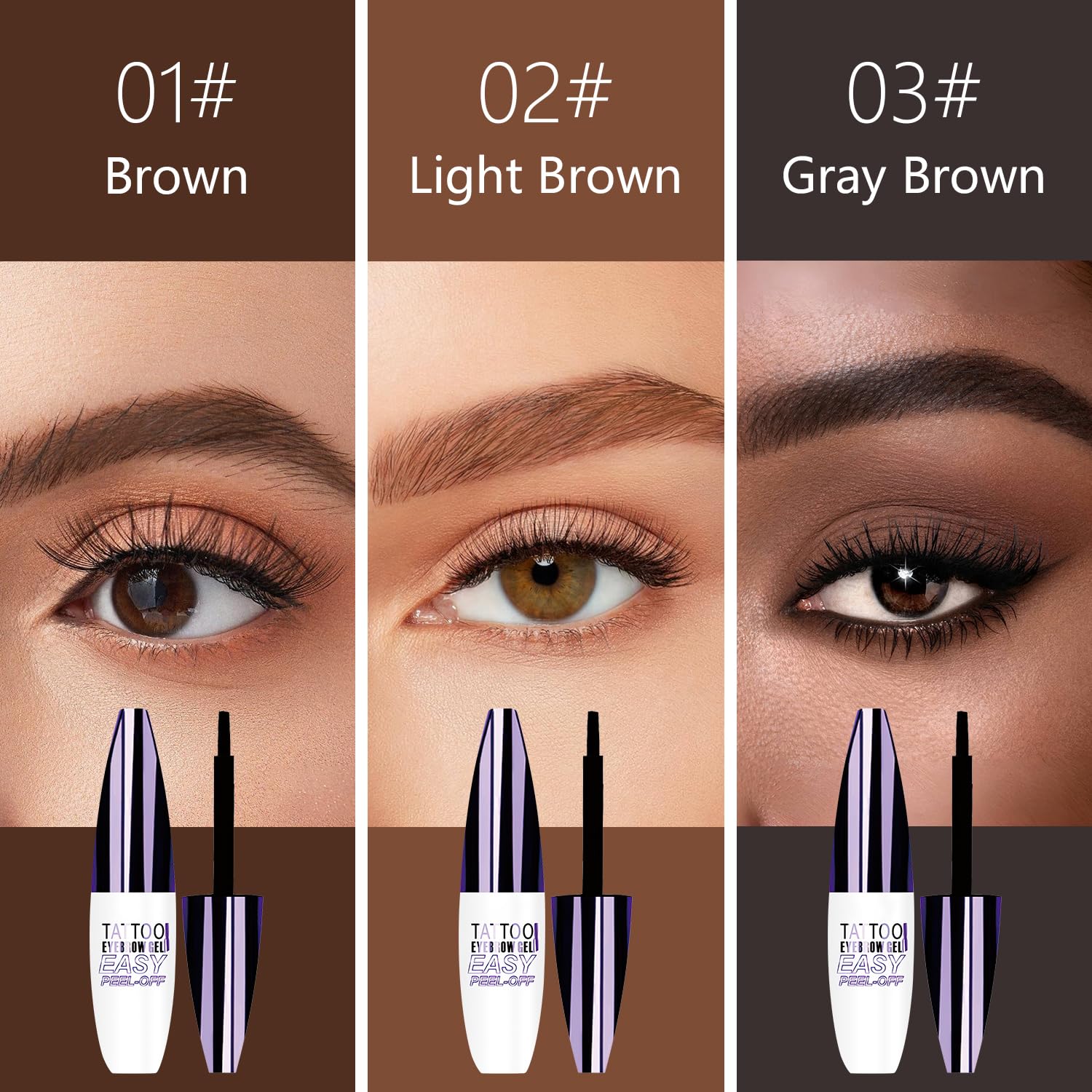 Yetary QICIY 3PCS Peel-Off Eyebrow Gel — Waterproof Tattoo Brow Tint in Brown, Light Brown & Gray Brown