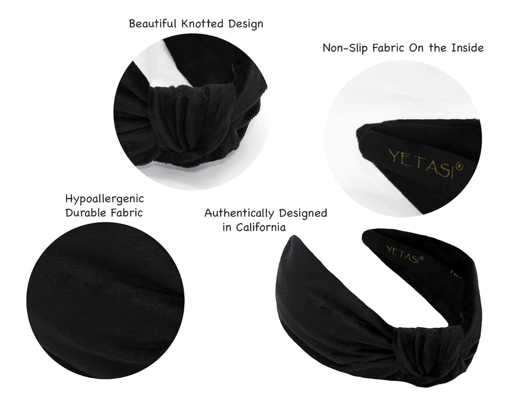 YETASI Chunky Black Velvet Knotted Headband - 2.5-Inch Non-Slip Accessory for Women