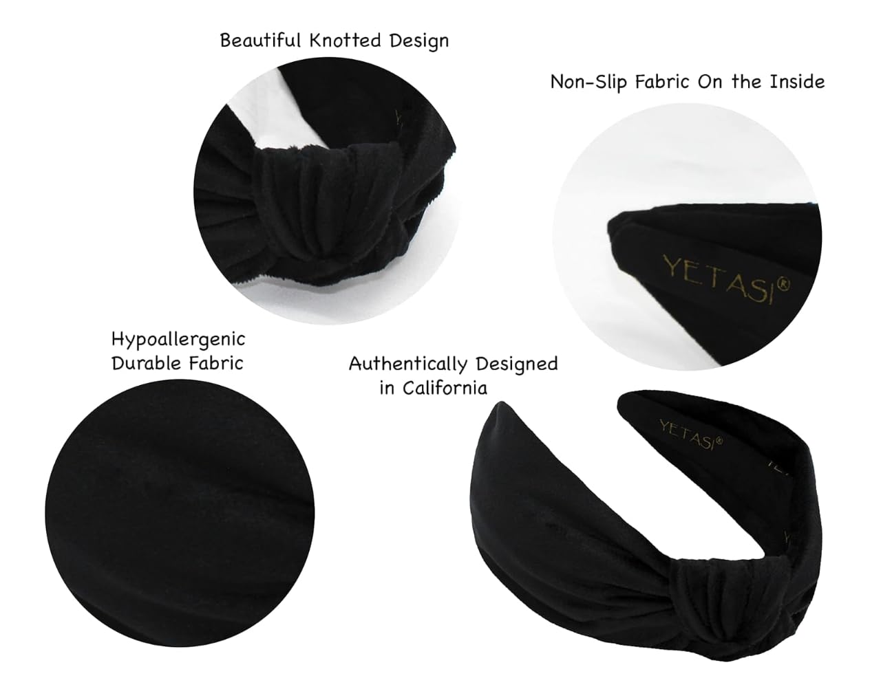 YETASI Chunky Black Velvet Knotted Headband - 2.5-Inch Non-Slip Accessory for Women