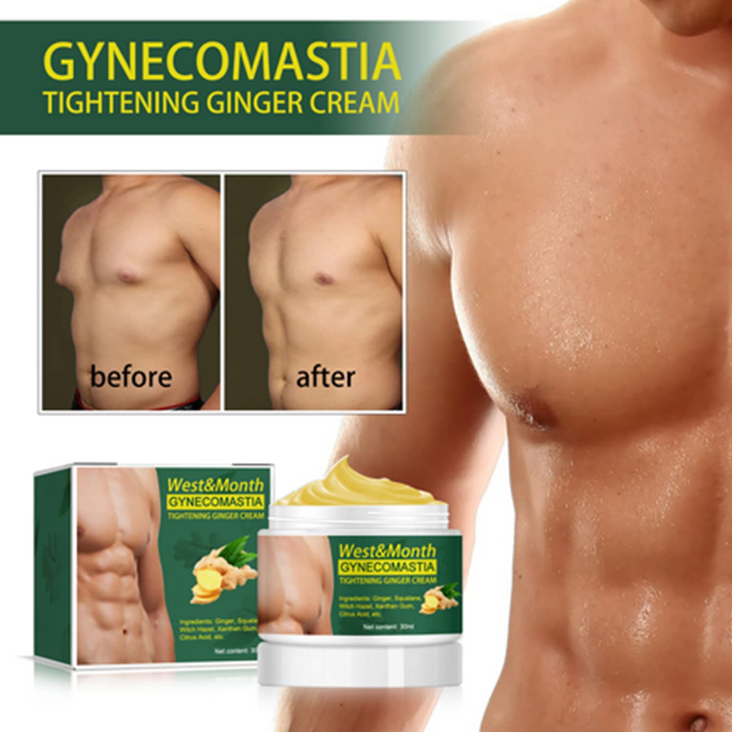 YG LianKai 2pcs Gynecomastia Tightening Ginger Cream – Chest Firming Massage Cream 30ml Each