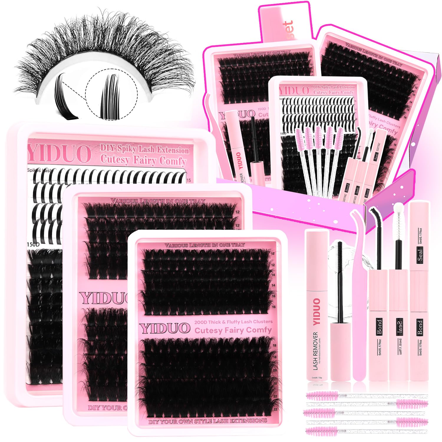 YIDUO 575Pcs Lashes Clusters Kit with Glue & Removers – D Curl 150D/200D, 12–21mm DIY Home Lash Extensions