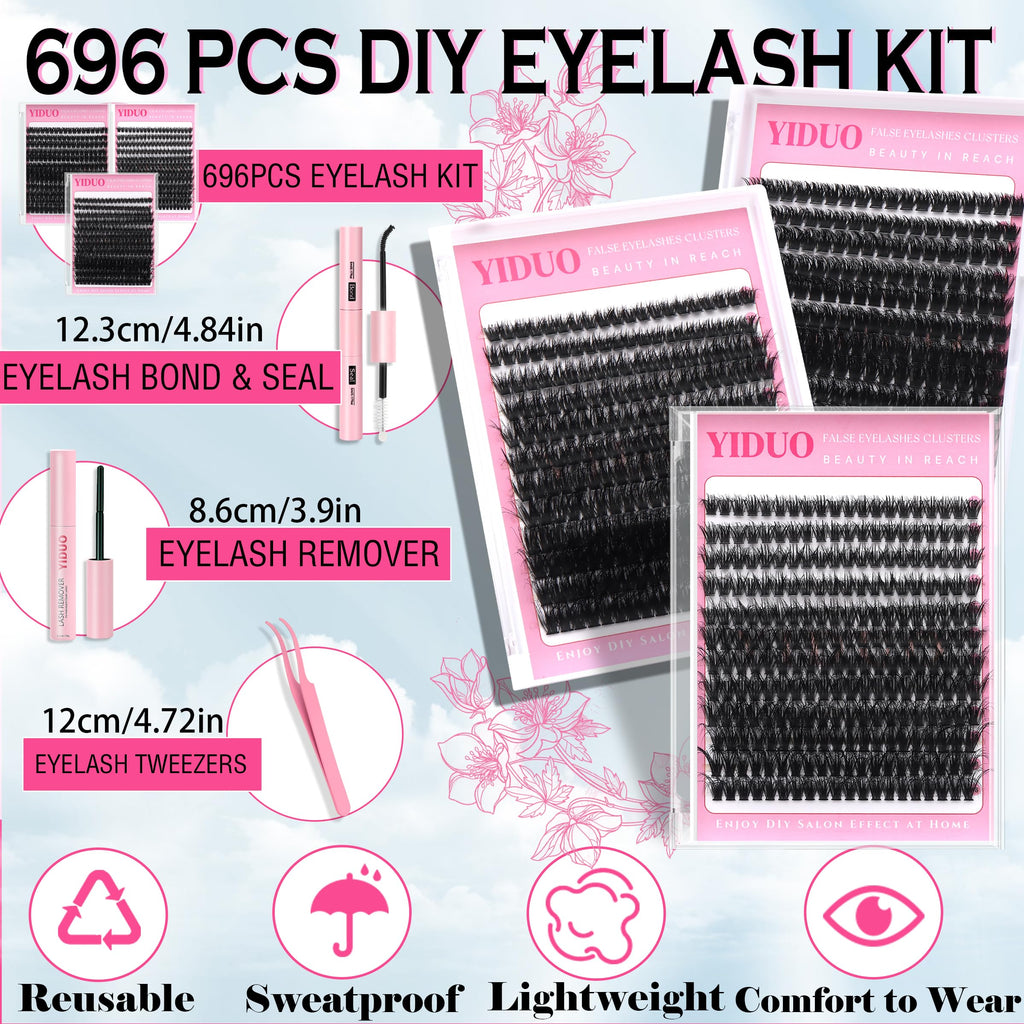 YIDUO Volume Lashes Cluster Kit 60D+80D+100D – 696Pcs DIY Lash Extensions