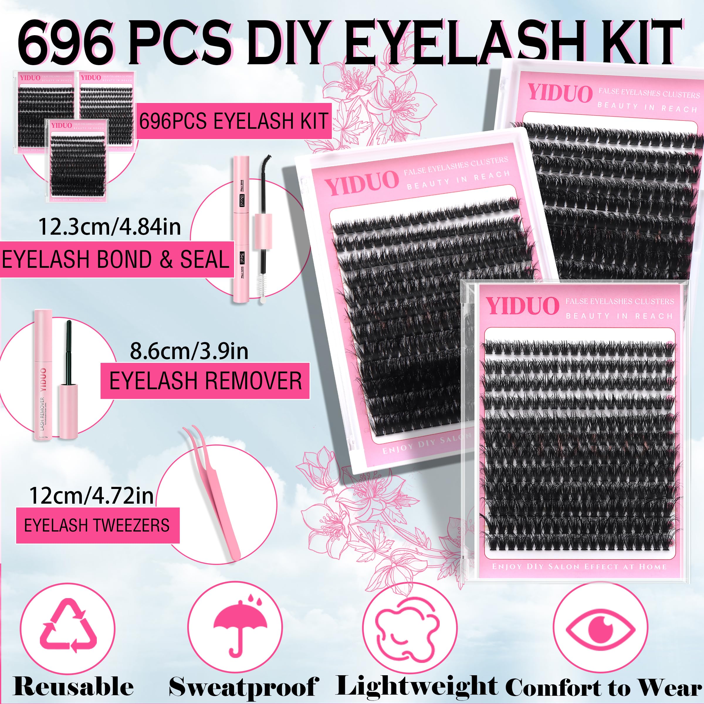 YIDUO Volume Lashes Cluster Kit 60D+80D+100D – 696Pcs DIY Lash Extensions