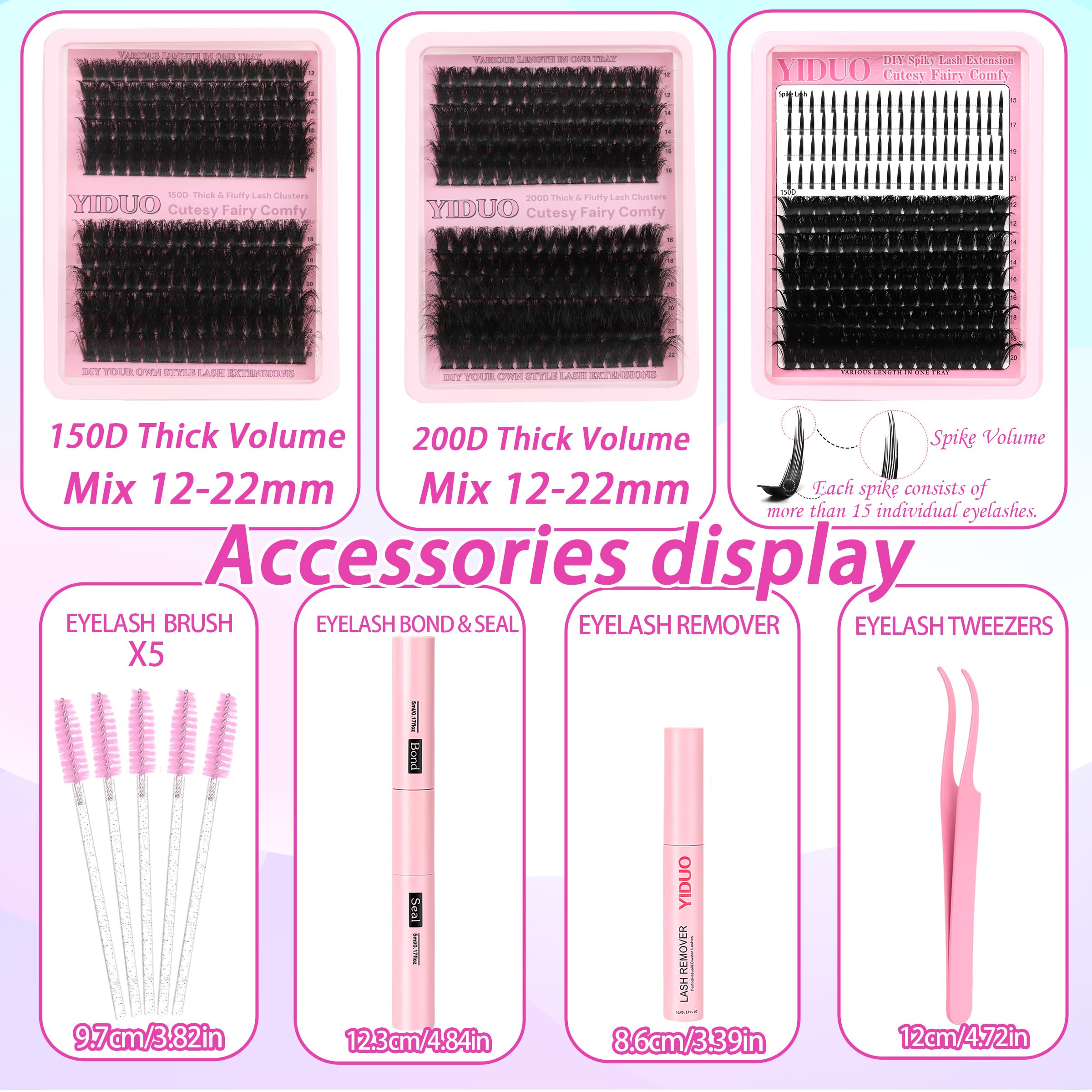 YIDUO 575Pcs Lashes Clusters Kit with Glue & Removers – D Curl 150D/200D, 12–21mm DIY Home Lash Extensions