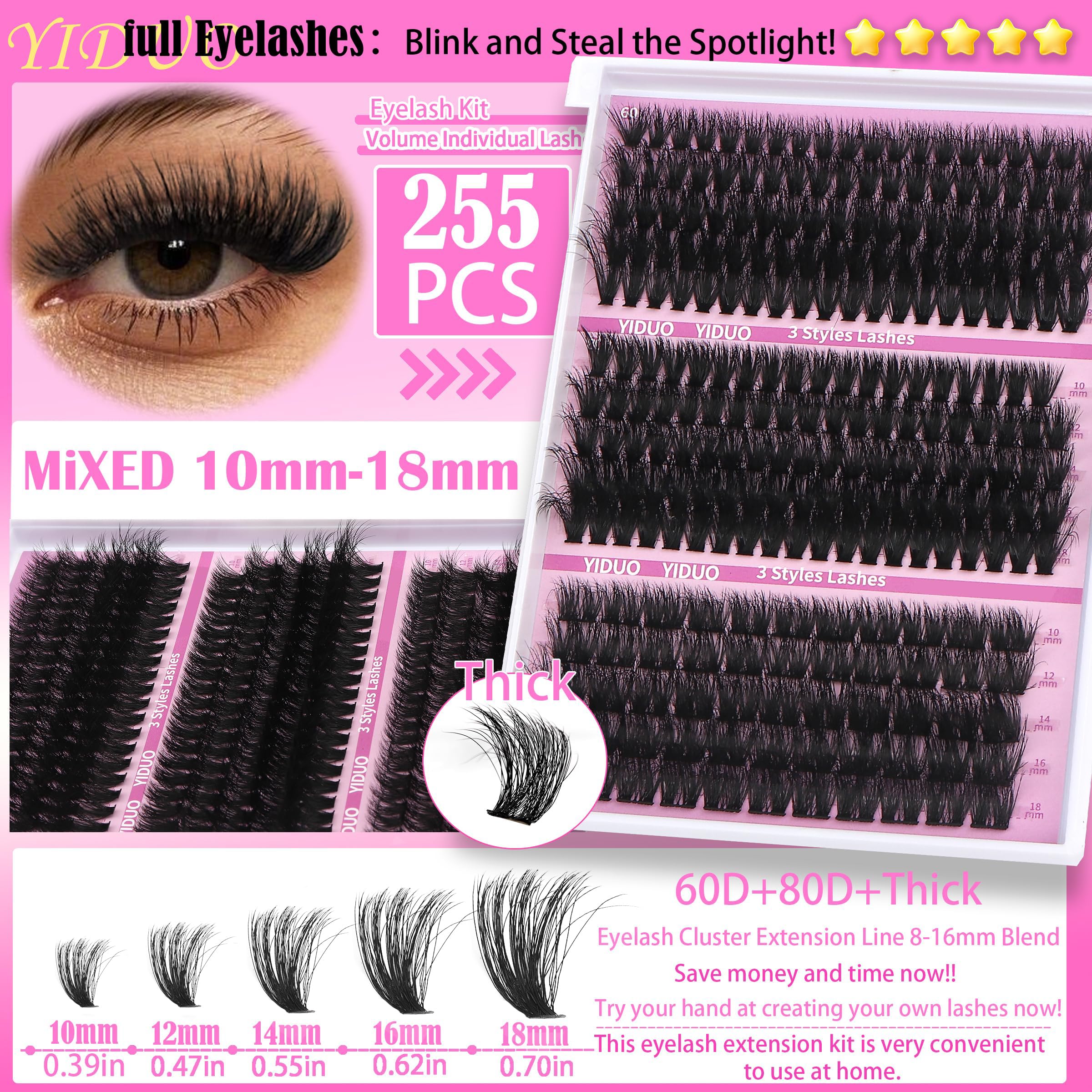 YIDUO YlDUO Lashes Clusters Kit – 835 Pcs, 7-Style Mix, C-Curl DIY Extensions Kit 9–18mm