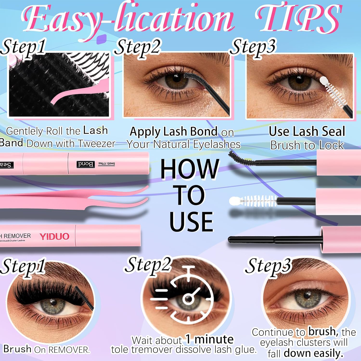 YIDUO 575Pcs Lashes Clusters Kit with Glue & Removers – D Curl 150D/200D, 12–21mm DIY Home Lash Extensions
